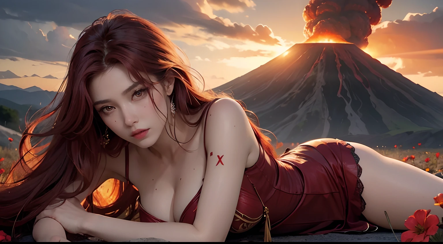 Sexy goddess,The facial features are extremely beautiful,body shape is slim,Red long-haired,Bigchest,long leges,Lie in the flowers,artistic pose,Background with,a volcano erupts,War scenes,air raid,missile,Strange sky,Singular clouds,Close-up behind the sun