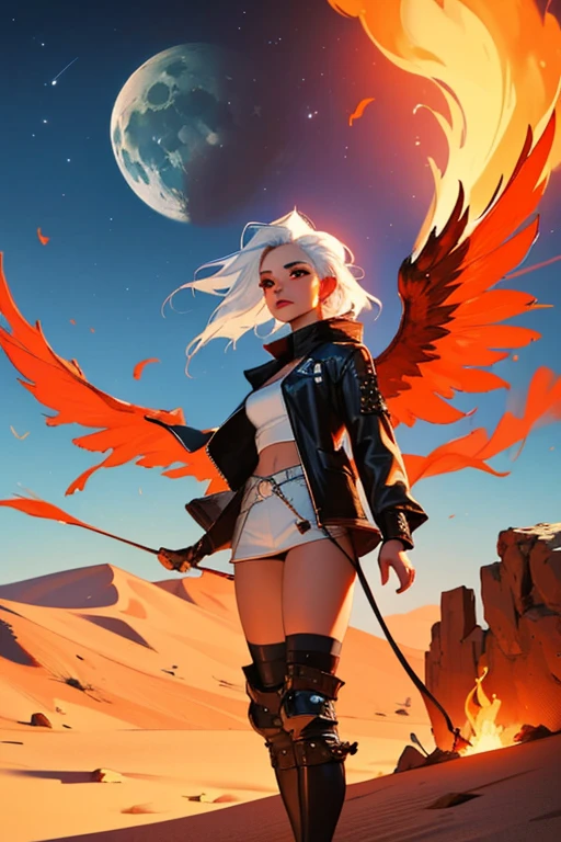 (best quality,4k,8k,High resolution,Masterpiece:1.2),Ultra-detailed,1 girl with white hair, phoenix wings and leather clothes with punk style, red eyes, desert on fire. 2 moon