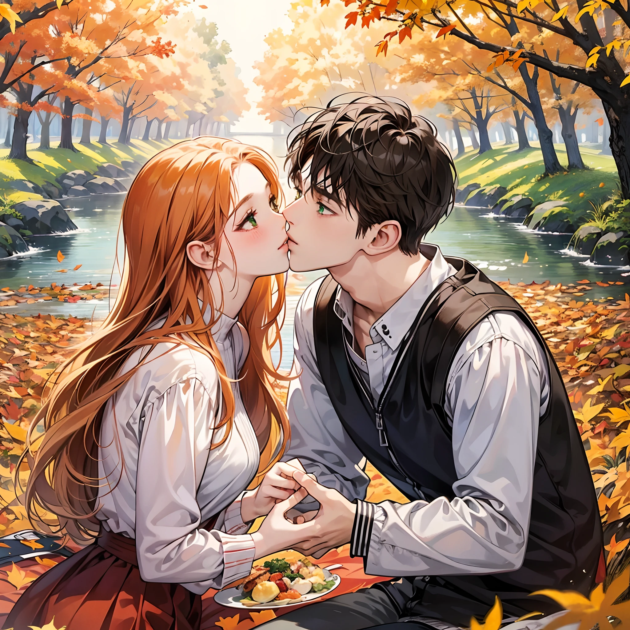 Romantic picnic at a riverbank in autumn. Orange leafs are falling down into two characters. One is a cute anime girl with ginger long hair and with green eyes. The other is a cute anime man with brown short hair. They are feeding each other food. They are kissing each other. The woman is happy and blushing.