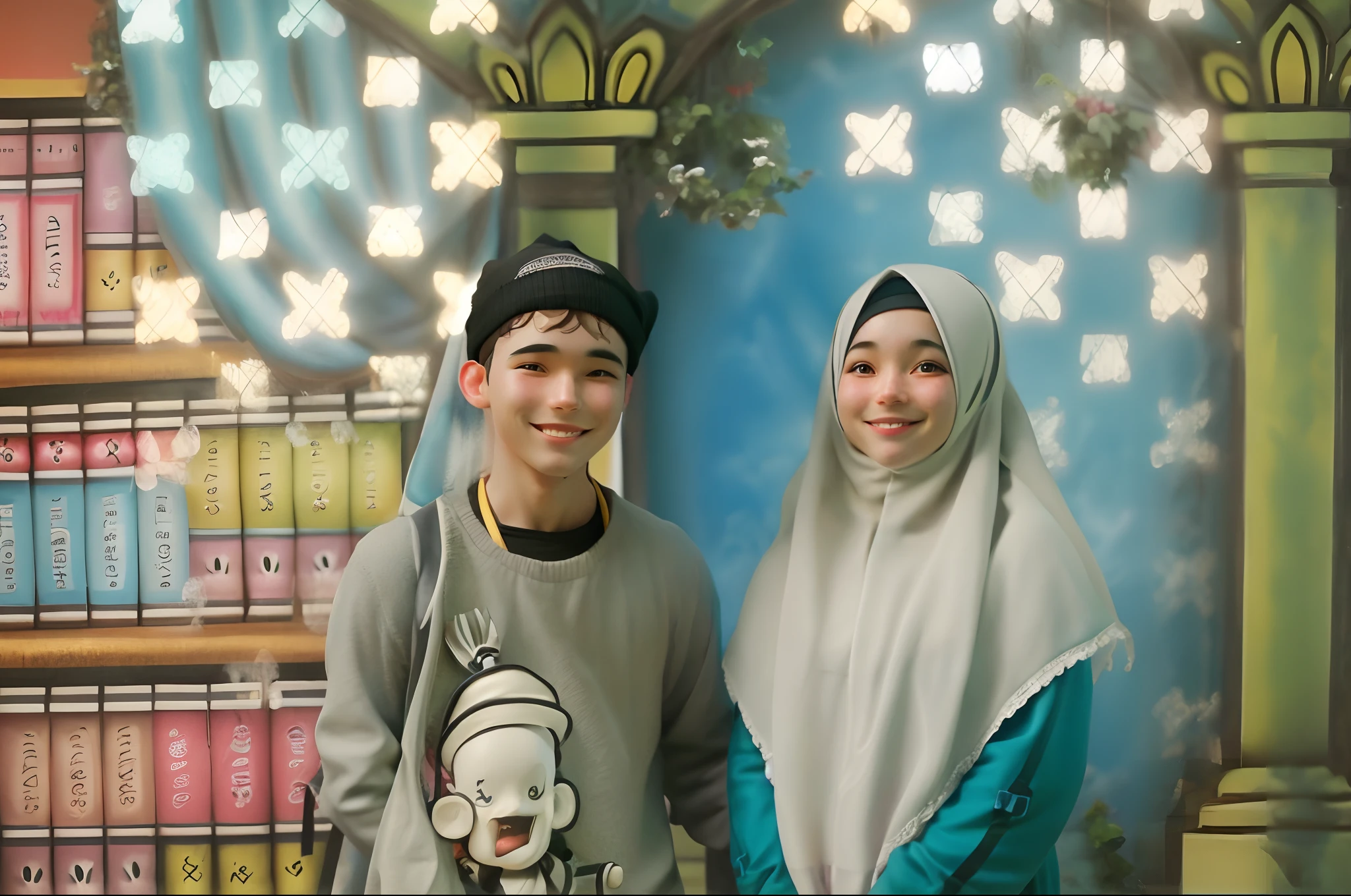 Boy and girl wearing headscarves take photo together smiling