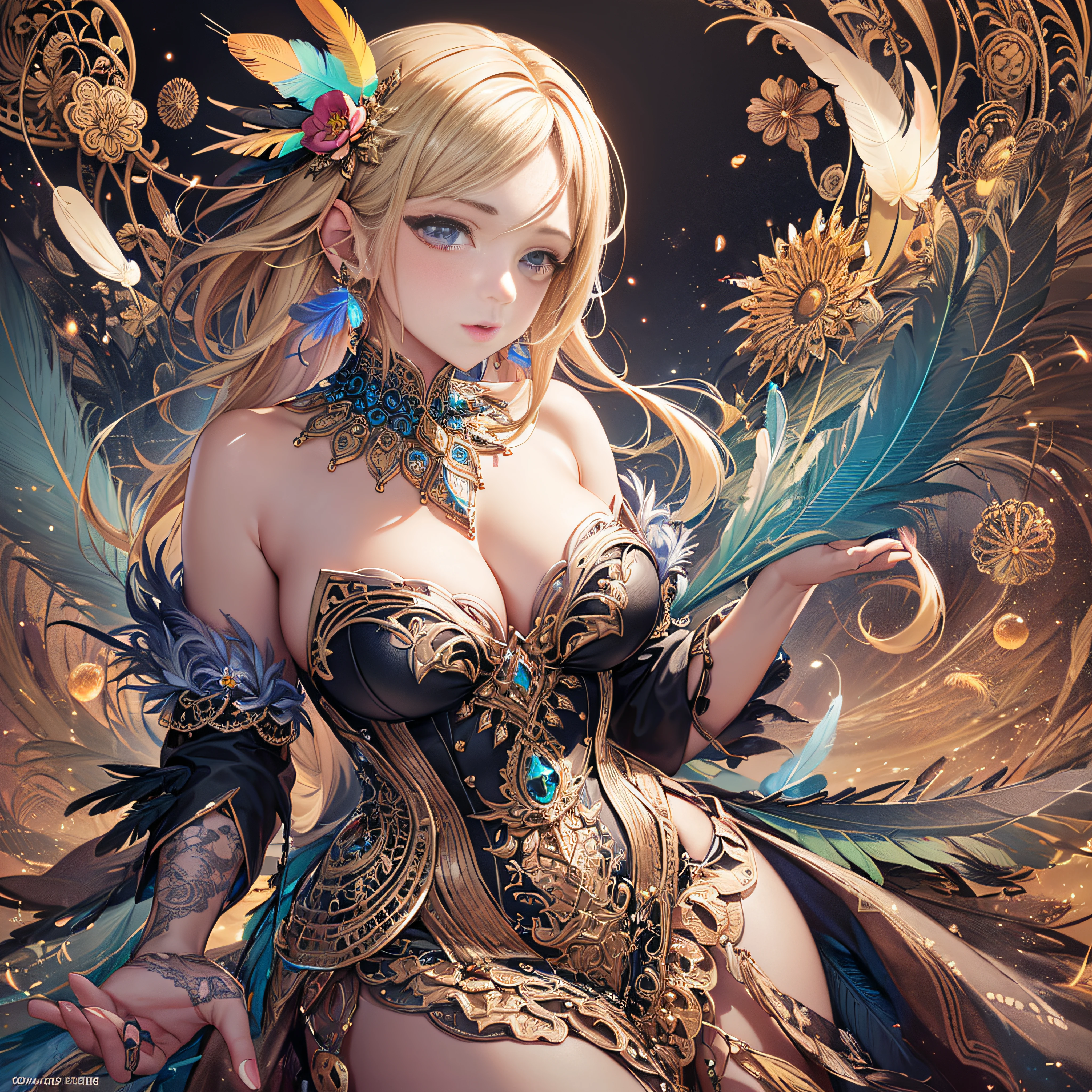girl with, Big breasts, Bare shoulders, Blonde hair, colorful feather, metal ornaments, Colorful flowers, Particle, light, (masutepiece, of the highest quality, Best Quality, Official art, Beautiful and aesthetic:1.2), (1girl in:1.3), Extremely detailed, (Fractal Art:1.1), ( Colorful:1.1)(Flowers:1.3),highest details,(Zentangle:1.2), (Dynamic Pose), (Abstract background:1.3), (Shiny skin), (Many colors:1.4), (earrings:1.4), (Feathers:1.4), Full body image