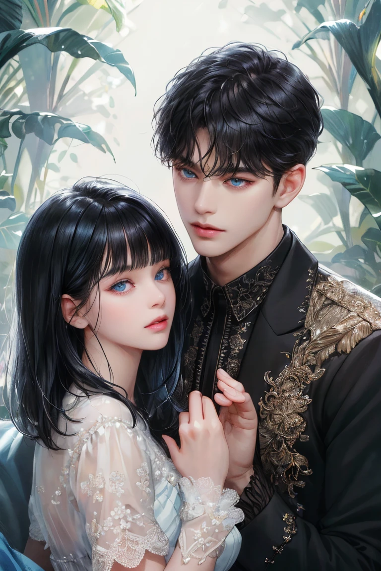 (absurdly , high quality , masterpiece , ultra detailed), ( detailed to hand ) (detailed to eyes) (detailed to face) , couples, 1 man (short black Quiff hair with Soft Fringe, bangs part on side 3:7 ratio) and 1 woman (short black hair with fringe) love ,pretty eyes (blue eyes) , black hair, fantasy, detailed background, soft light
