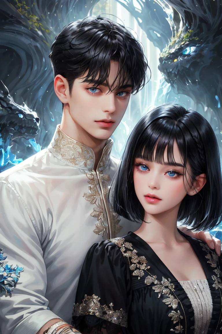 (absurdly , high quality , masterpiece , ultra detailed), ( detailed to hand ) (detailed to eyes) (detailed to face) , couples, 1 man (short black Quiff hair with Soft Fringe, bangs part on side 3:7 ratio) and 1 woman (short black hair with fringe) love ,pretty eyes (blue eyes) , black hair, fantasy, detailed background, soft light