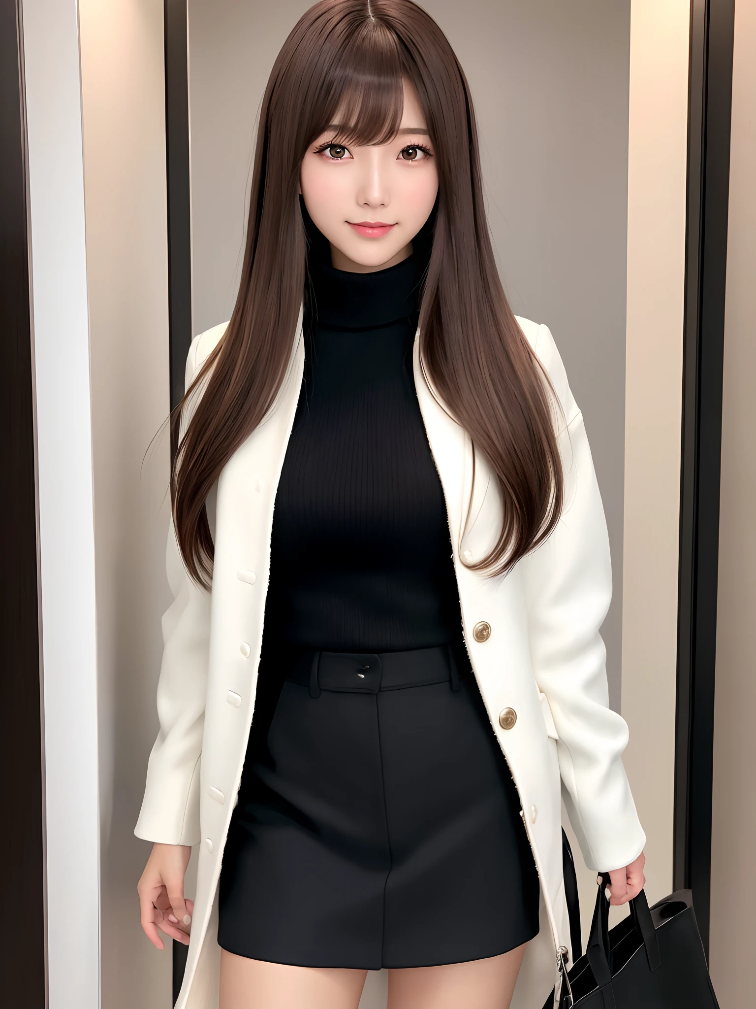 mastepiece, 1 girl per 1 photo, cowboy shot, front view, a Japanese young pretty girl, long bob hair, standing in front of a elevator with a big smile in a room of a luxury hotel, white jacket over a black turtleneck sweater, black miniskirt, a tote bag over her shoulder, hyper cute face, glossy lips, double eyelids for both eyes, natural makeup, shiny smooth light brown hair of long bob hair, asymmetrical bangs, high resolution, high detail, detailed hairstyle, detailed face, cinematic lighting, octane rendering, hyper realistic, perfect limbs, perfect anatomy