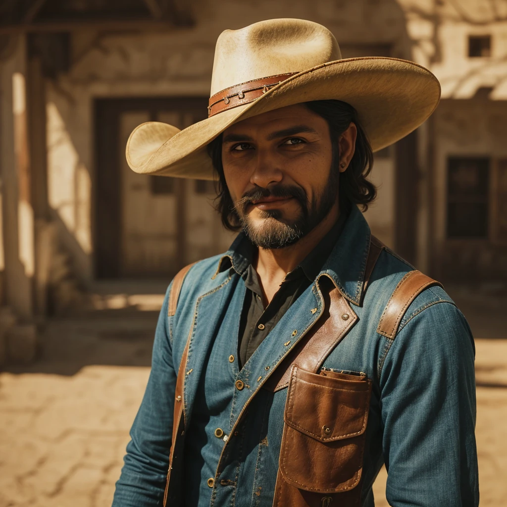 (best quality) Latin cowboy with a medium beard,wearing a hat,wearing a dark shirt,wearing a fedora,cowboy boots,leather vest,beautiful detailed eyes,stubble,dusty background,vintage look,aged leather texture,wide-brimmed hat, strong and charismatic expression,confident posture,mischievous smile,illuminated by warm sunlight,harsh shadows on his face,bright and vibrant colors,soft focus on the background,single subject framed in the center,expressive eyes capturing the viewer's attention,strong contrast between light and shadow,cinematic lighting reminiscent of Western movies.