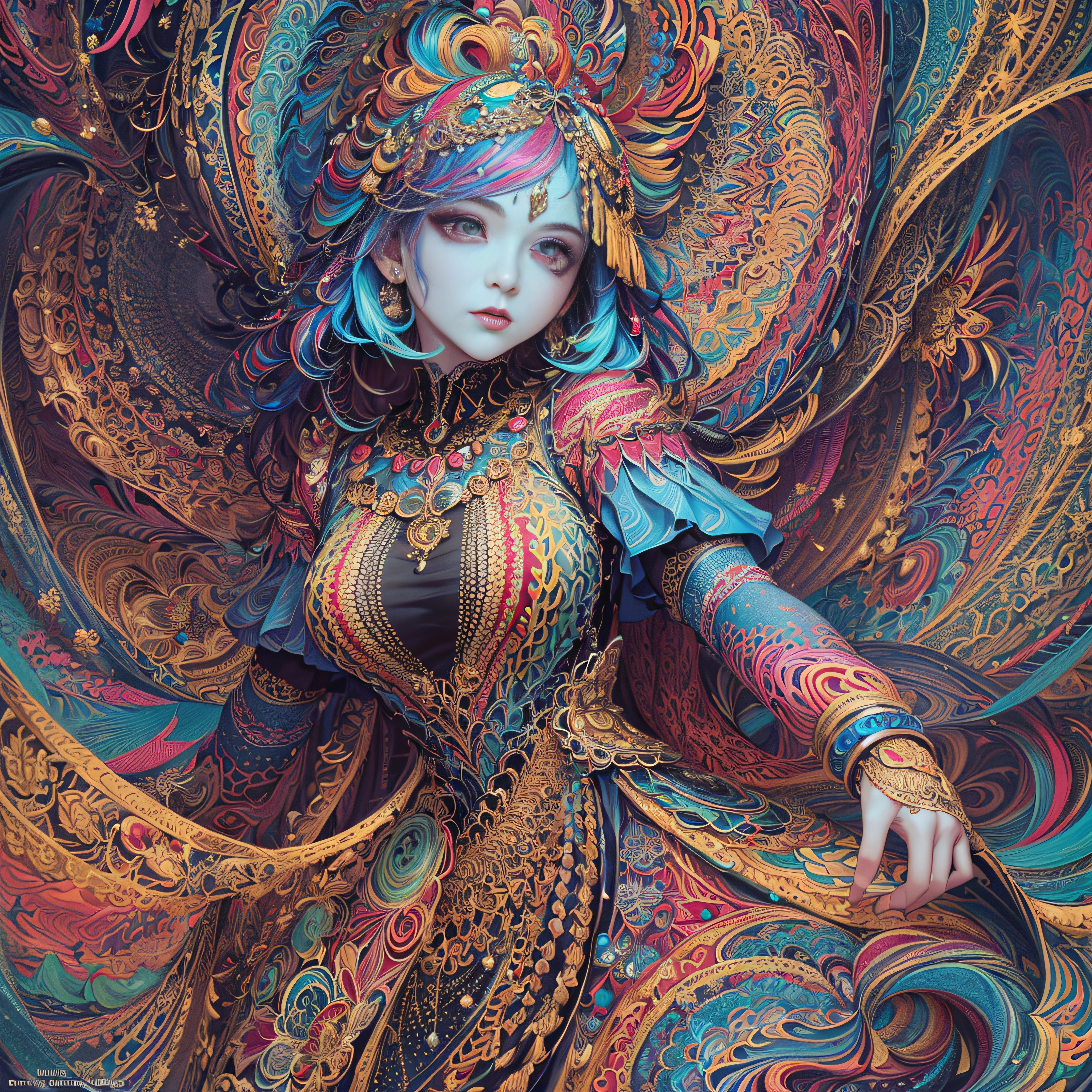 (masterpiece, top quality, best quality, official art, beautiful and aesthetic:1.2), (1girl:1.3), extremely detailed,(fractal art:1.2),colorful,highest detailed,(zentangle:1.2), (dynamic pose), (abstract background:1.5), (treditional dress:1.2), (shiny skin), (many colors:1.4), upper body