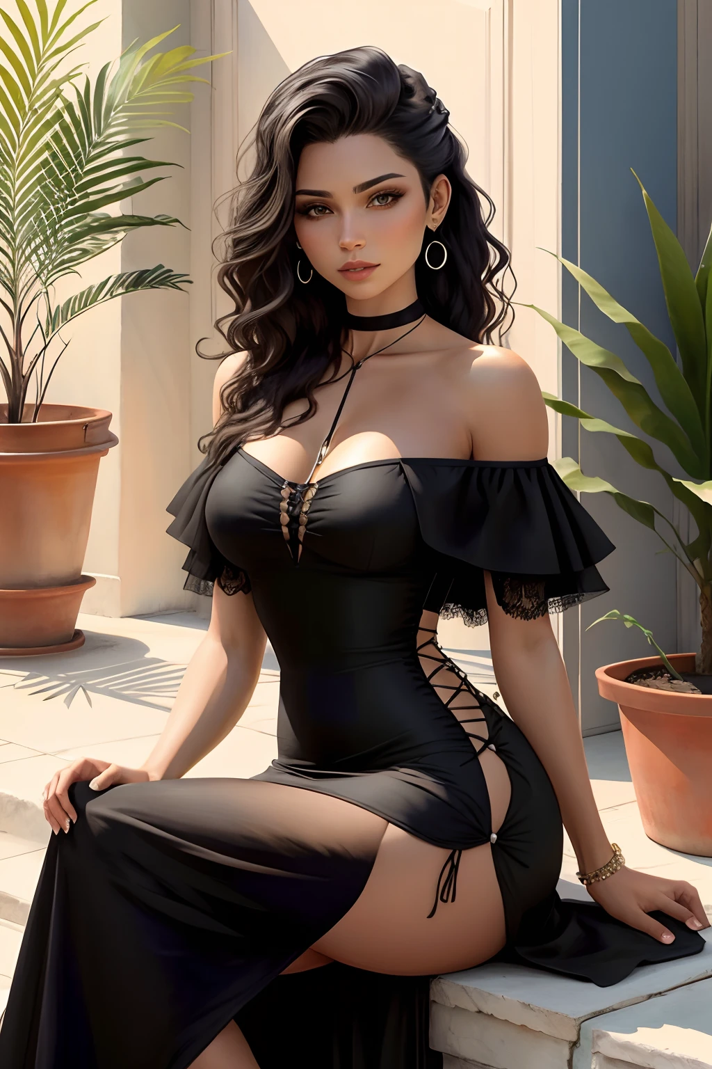 Desenho fine line, bruxa com vestido estampado, cabelo black, de costas, cristais, e plantas ao redor