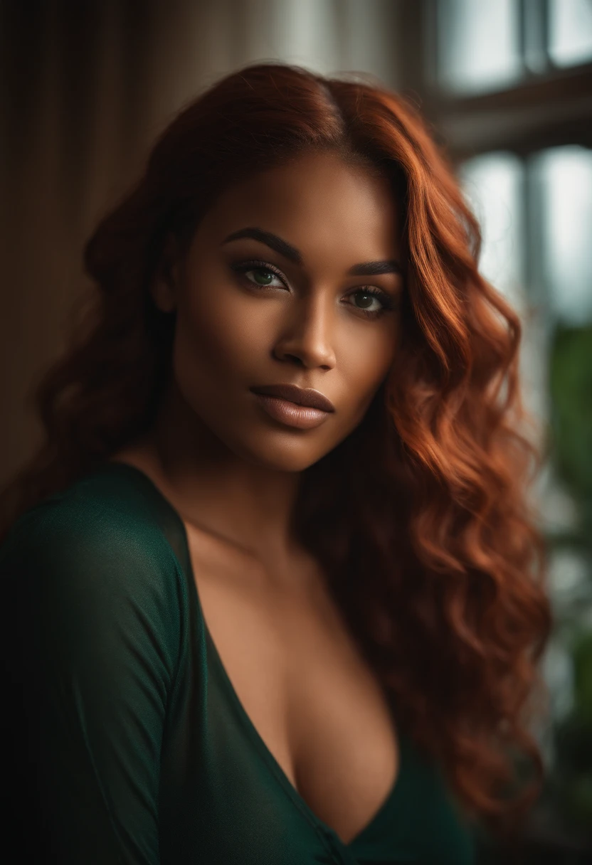 beautiful black and irish gorgeous instagram model, young 27 years old, caramel skin, vibrant red hair, blue and green eyes, gorgeous facial features, vibrant red body wave hair, sexy lingerie, radiant skin, soft lighting, diffused glow, most realistic, real quality, nikon d850, 85mm lens, high resolution
