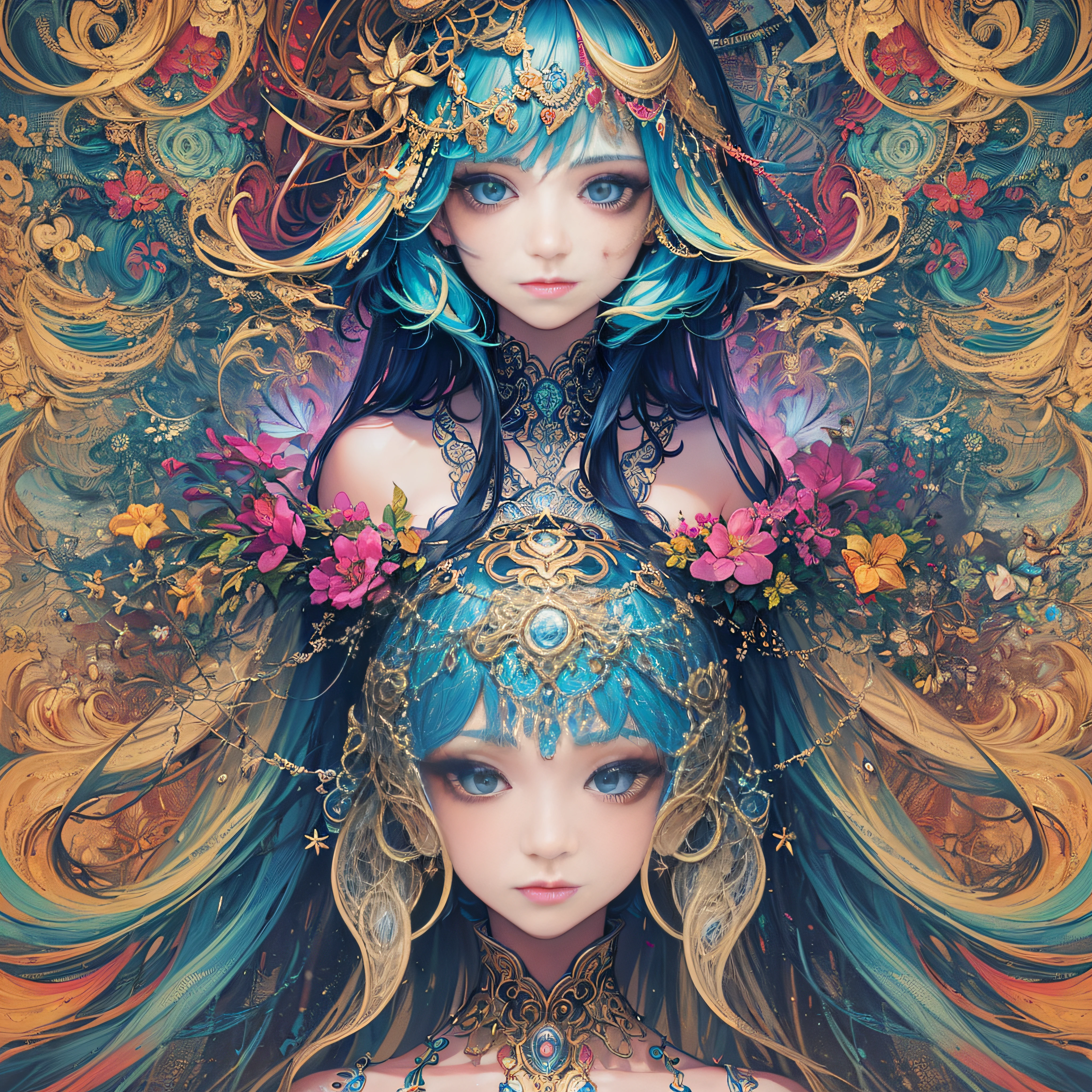 (masterpiece、top-quality、top-quality、Official art、Beautifully Aesthetic:1.2)、Highly detailed fractal art、(colourfull:1.5)、highest details、Zentangle、a closeup、 (1girl in:1.5), 独奏, (dynamicposes), (Abstract background:1.5), (shinny skin),