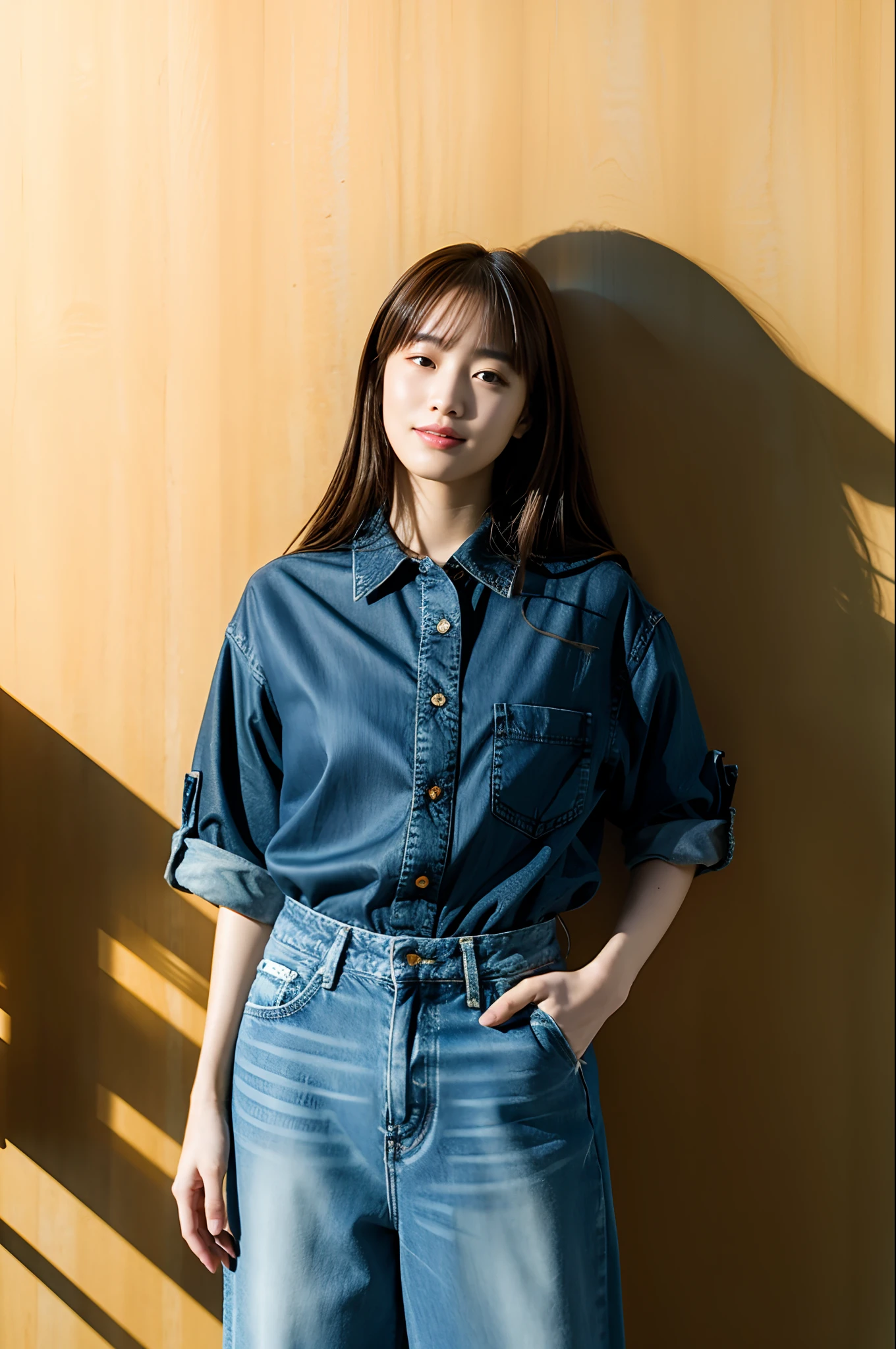 (the Extremely Detailed CG Unity 8K Wallpapers), (masutepiece), (Best Quality), (Ultra-detailed), (Best Illustration), (Best Shadow), 超A high resolution, (Photorealistic:1.4), one girls, (Denim shirt、denim pant)、鎖骨, ,small tits, Small , (light brown hair、highlights hair), Looking at Viewer, lightsmile, Slimed、A slender、Model body type