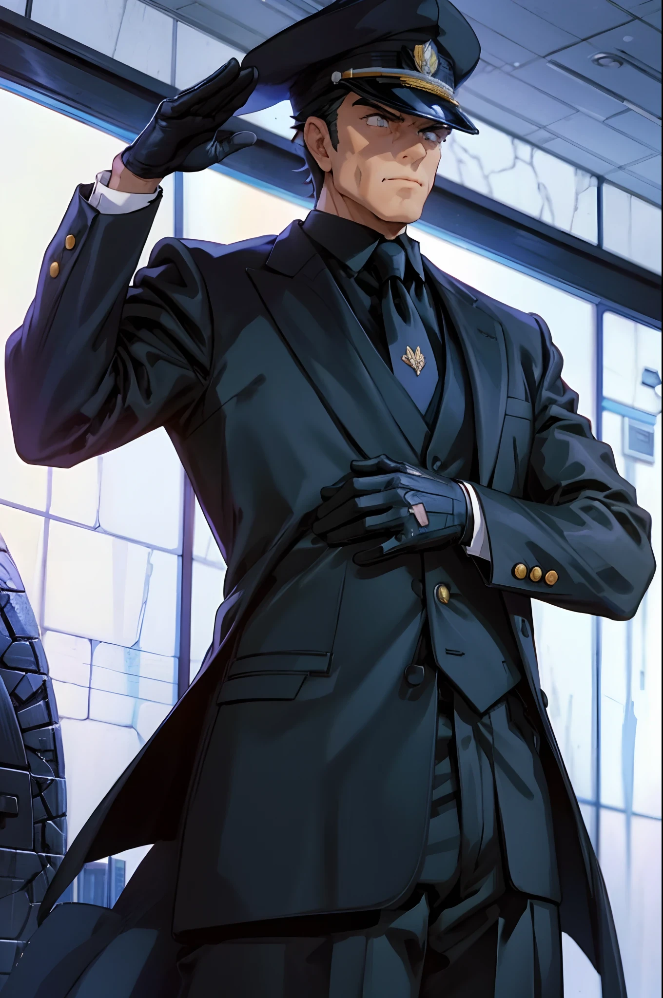 solo, anime male bodyguard, in black suit with black tie, black hat, serious gaze, saluting, extremely detail