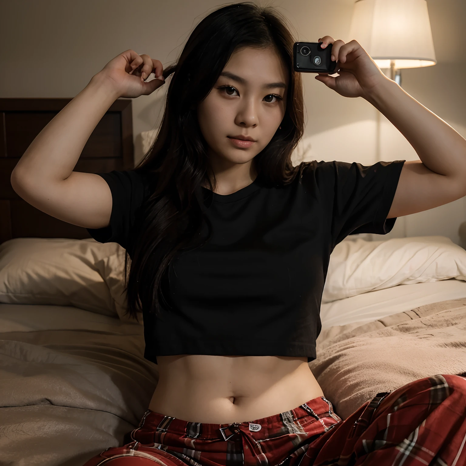 A  asian girl laying in her bed taking a selfie in dark lighting , 2 7 years old, asian face, without makeup, 2 8 years old, she is facing the camera, a young asian woman, 2 9 years old, detailed face of a asian girl, 4k selfie photograph, 🤤 girl portrait, 20 years old woman, 2 0 years old woman, she is wearing a black t shirt with a red pajama pants, LED lights