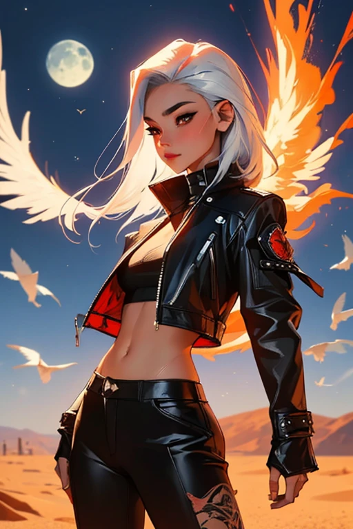 (best quality,ultra-detailed),a woman with white hair wearing a black leather jacket,a white top,and ripped jeans,with fire wings emerging from her back,illustration,additional details:urban background with graffiti,tattoos covering her arms,high-contrast lighting,portrait style,vivid colors,warm tone.