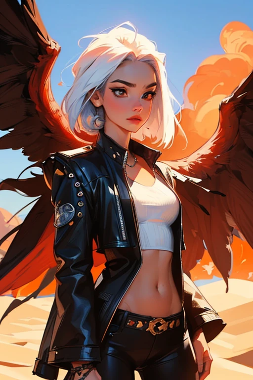 (best quality,4k,8k,High resolution,Masterpiece:1.2),Ultra-detailed,1 girl sexy with white hair, phoenix wings and leather clothes with punk style, red eyes, desert on fire. 2 moon