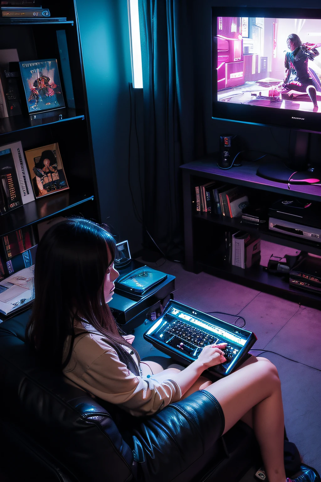 There is a girl sitting on a bed in a room playing a video game, Big TV, Room (With books), Cyberpunk, Inspired by Liam Wong, At night, Dark room, lo-fi illustration style, Gamer Room, Study in the room, Cyril Rollover and M.w kaluta, Teenm.
