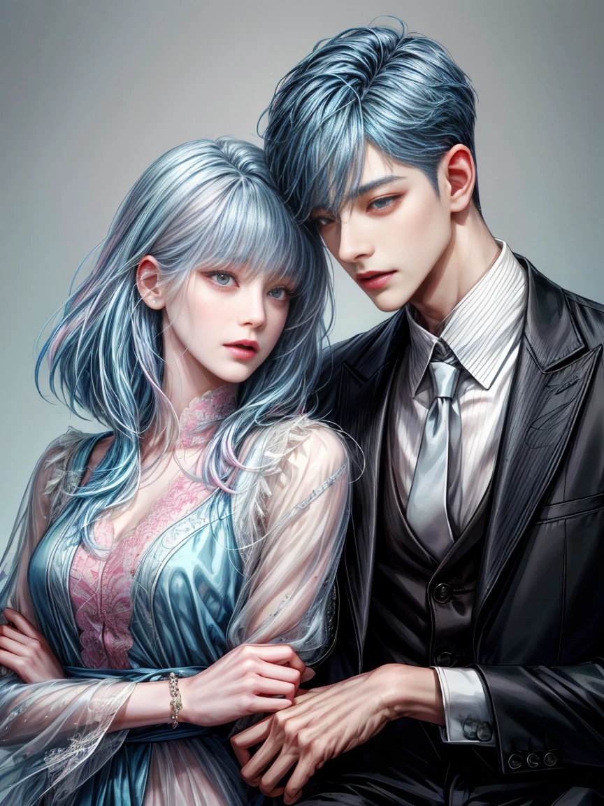 ((Male and female couples)), Idol Photos, Magazine covers, Photos of actors, Professional Photos, Height difference, tall male, Happiness, youthfulness, extra detailed face, detailed punk hair, very detailed character, inspired by Sim Sa-jeong, Cai Xukun's, detailed realistic faces, highly detailed realistic face, high detailed face anime, realistic detailed face, Accurate detailed face, attractive androgynous humanoid, Cool Korean fashion in black and white, ((Man with light blue hair)), ((Woman with pink hair)), ((Woman with long hair below waist)), ((Man with short hair over ears)), ((Pink hair woman with gentle expression)), ((Man with light blue hair with wild expression)), high-level image quality, masterpiece, Photographed so that the whole body can be seen, Photographed to make clothes look beautiful, Take your eyes off, ((two individuals)), ((British couple))