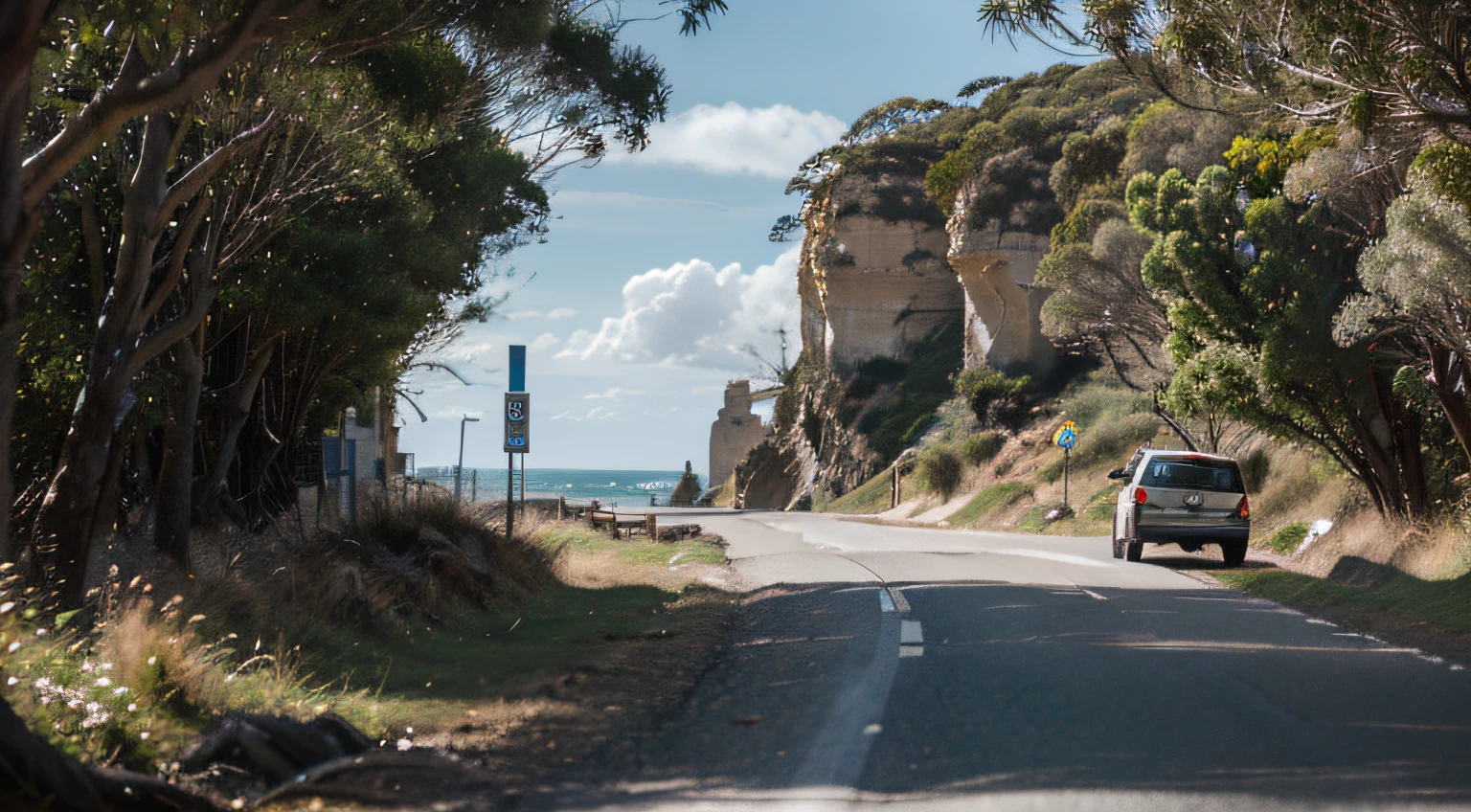 a hyper realistic photography of the Great Ocean Road in Australia, no people, Nikon D850 DSLR 4k camera, 100mm lens, F 1.2 aperture setting, bright and natural lighting, vibrant, fun and relaxing atmosphere