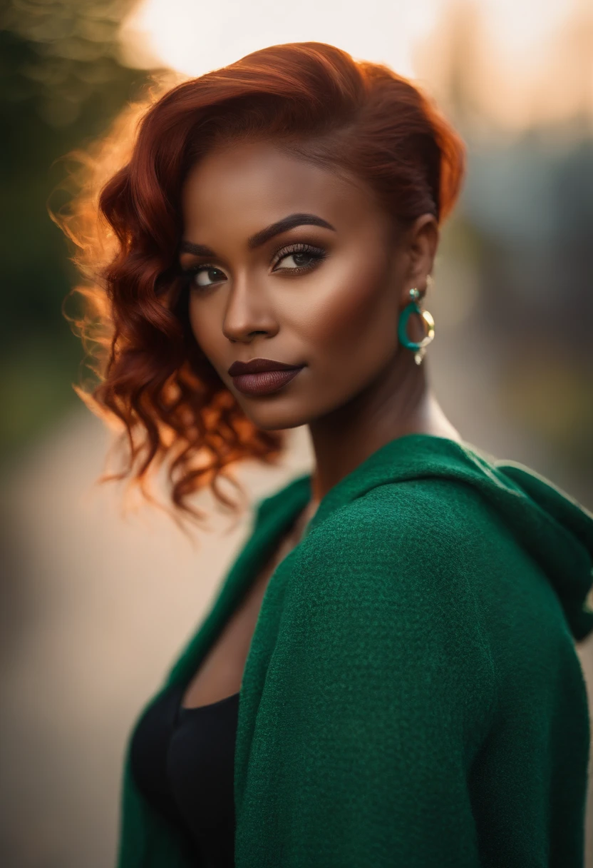 beautiful black and irish woman, instagram model, young 27 years old, caramel skin, sexy clothing , vibrant red hair, blue and green eyes, gorgeous facial features, vibrant red body wave hair, radiant skin, soft lighting, diffused glow, most realistic, real quality, nikon d850, 85mm lens, high resolution