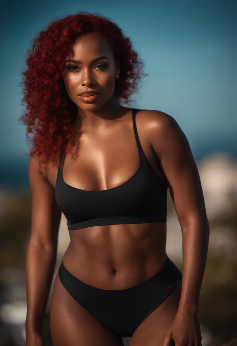 beautiful black and irish woman, instagram model, young 27 years old, caramel skin,  sexy clothing , vibrant red hair, blue and green eyes, gorgeous facial features, vibrant red body wave hair,  radiant skin, soft lighting, diffused glow, most realistic, real quality, nikon d850, 85mm lens, high resolution