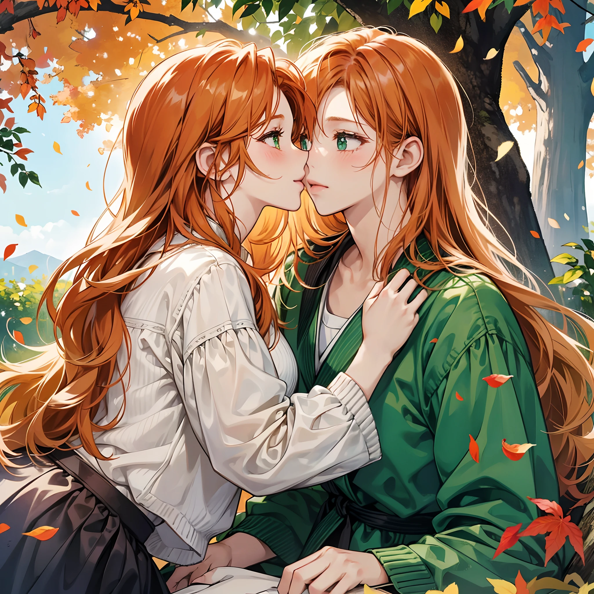 Romantic picnic at a riverbank in autumn. Orange leafs are falling down into two characters. One is a cute anime girl with ginger long hair and with green eyes. The other character is a cute anime man with brown short hair. They are kissing each other on the mouth. The woman is happy and blushing. They both have close eyes.