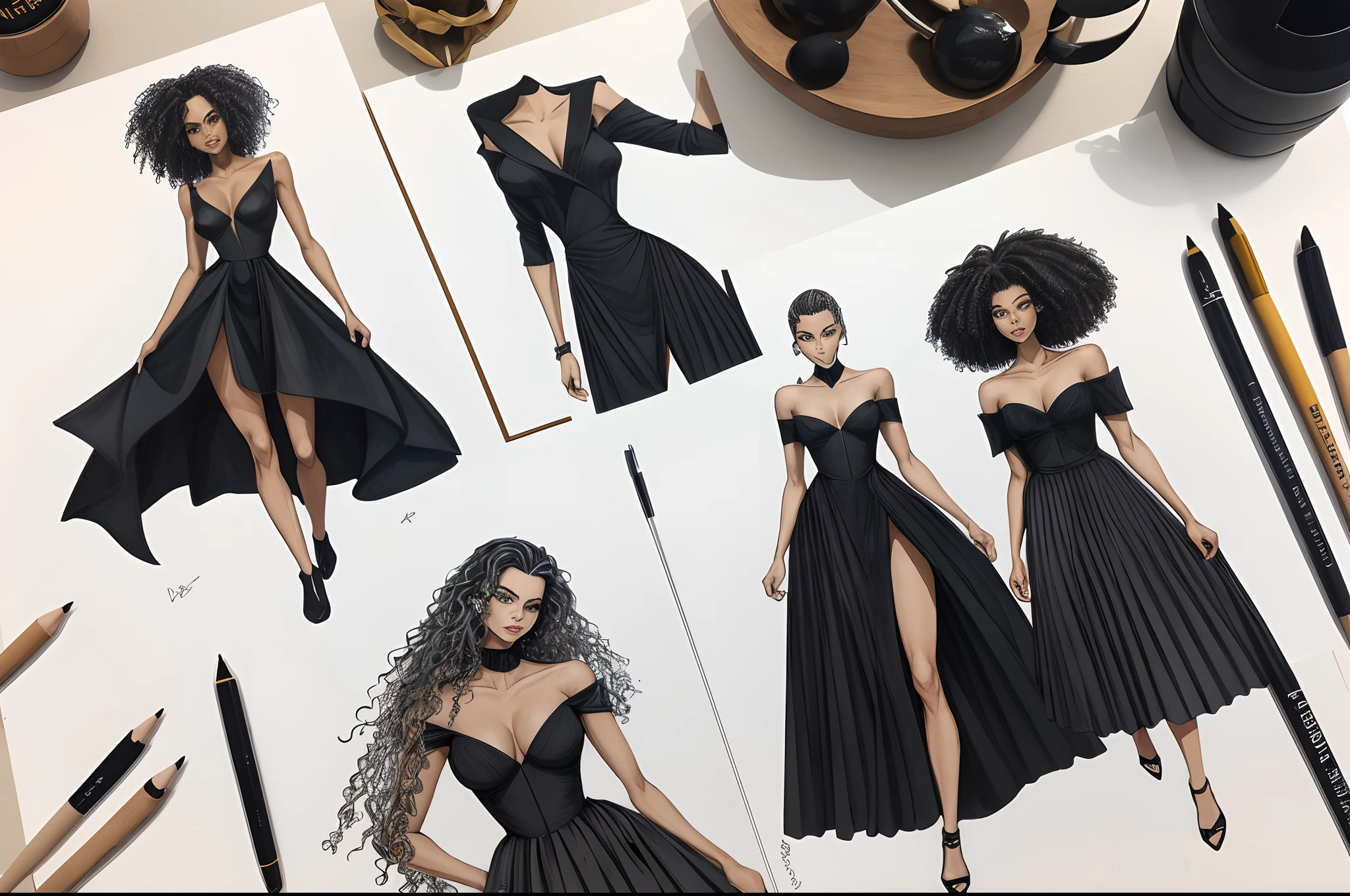 Desenho no estilo rabisco, linha fina, minimalista, bruxa de costas, vestido estampado, cabelo cacheado black Power, cristais, e plantas ao redor