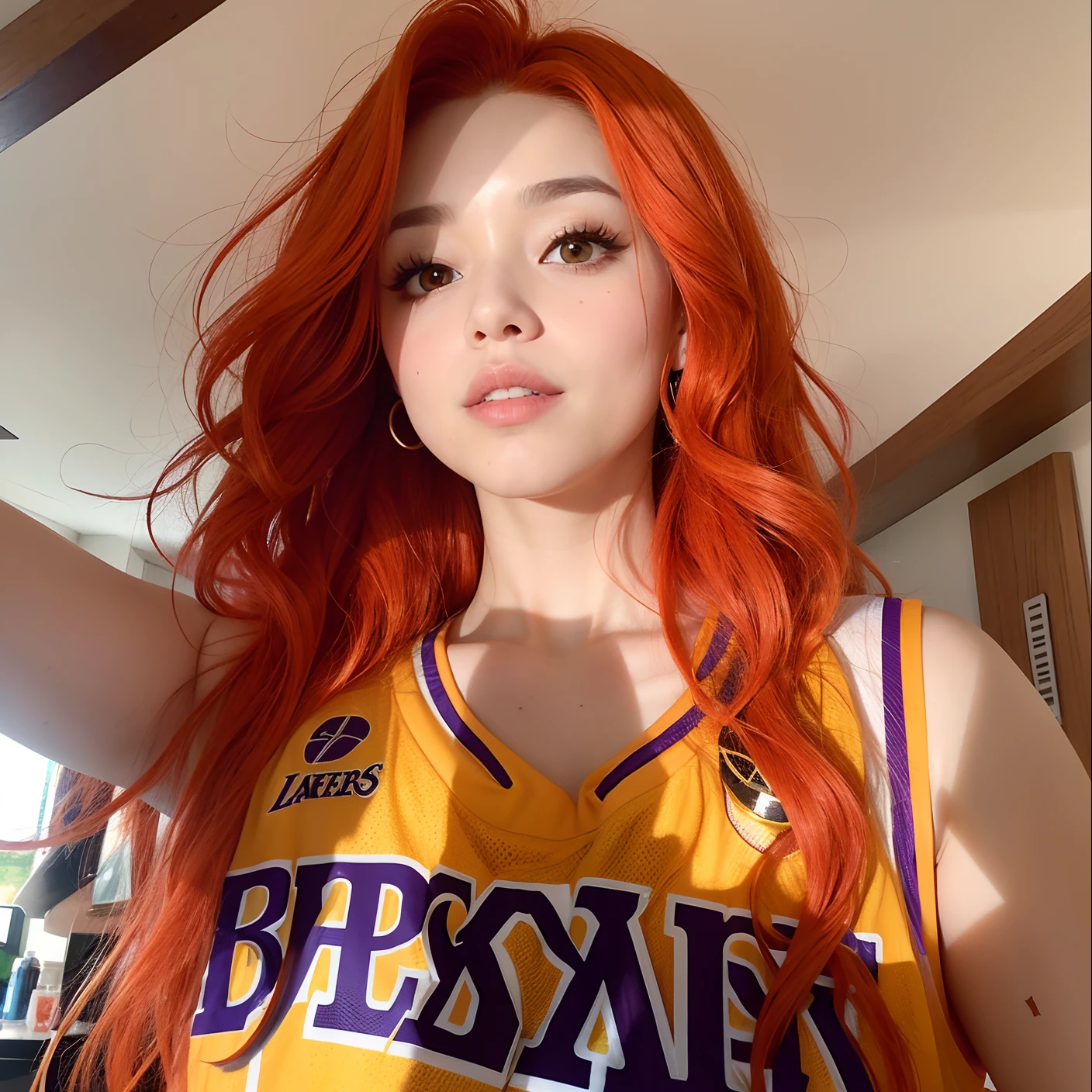 a close up of a woman with red hair wearing a lakers jersey, she has long vibrant orange hair, she has long redorange hair, leaked image, wearing nba jersey, wearing basketball jersey, orange skin and long fiery hair, long hair, looking at the camera