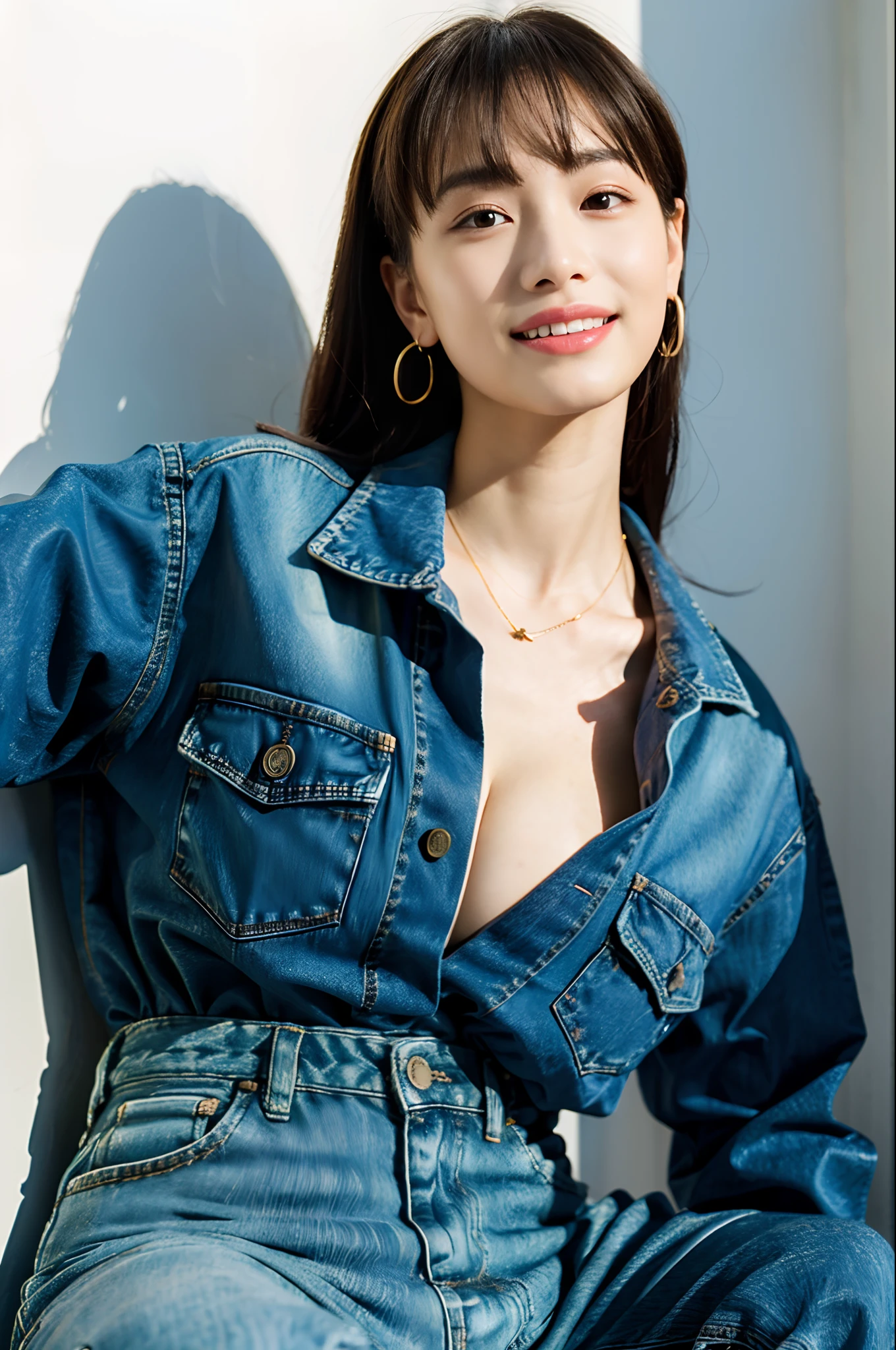 (the Extremely Detailed CG Unity 8K Wallpapers), (masutepiece), (Best Quality), (Ultra-detailed), (Best Illustration), (Best Shadow), 超A high resolution, (Photorealistic:1.4), one girls, (Denim shirt、denim pant)、鎖骨, ,small tits, Small ,  (light brown hair、highlights hair), Looking at Viewer, lightsmile, Slimed、A slender、Model body type