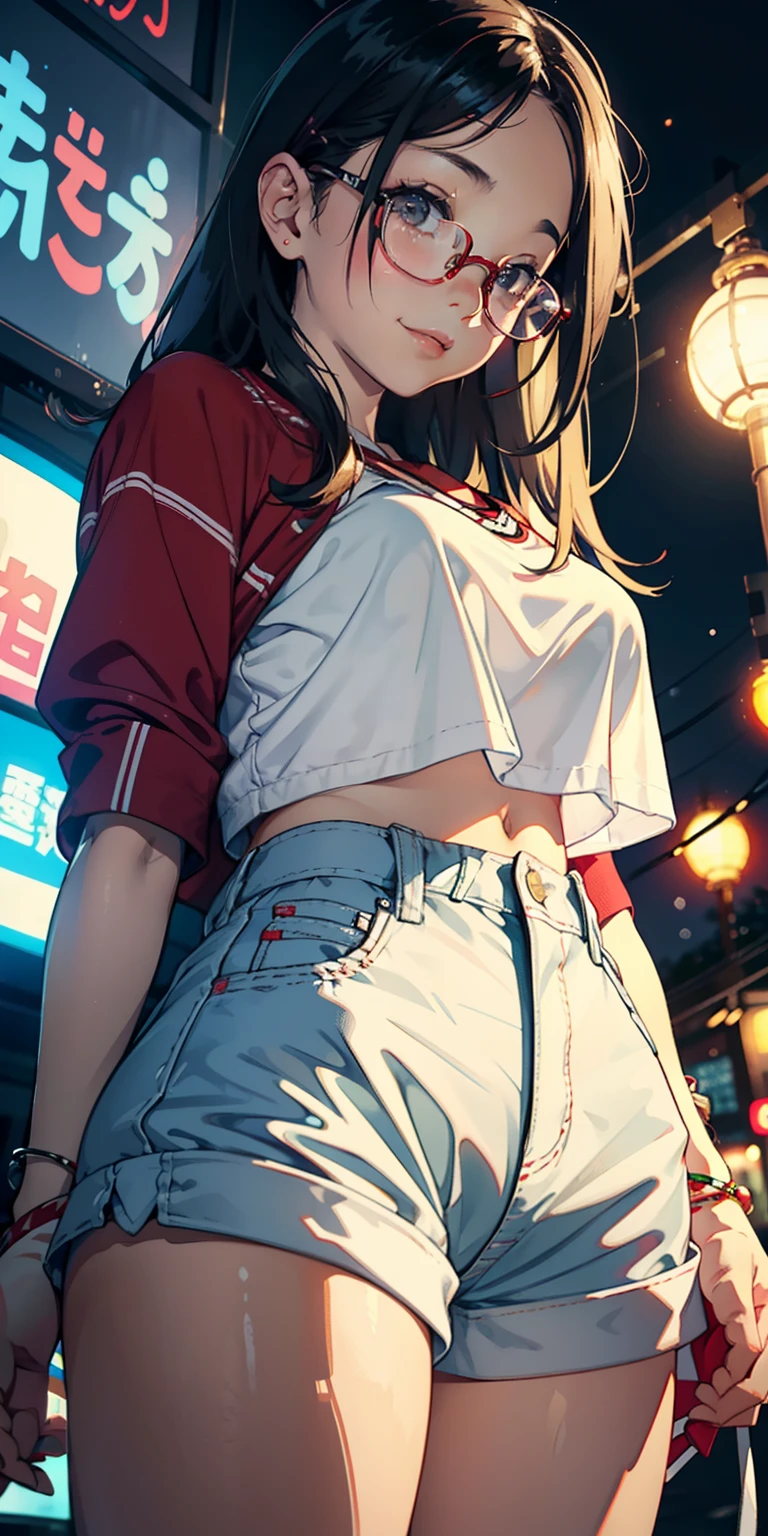 realisticlying、11 year old girl、Close-up from the ground wearing white sneakers、Wear shorts with a red pattern that shows through your buttocks、Breasts enlarged、Versatile sexy poses、Wearing glasses、Face smile、Tokyo on Christmas Night、sexly