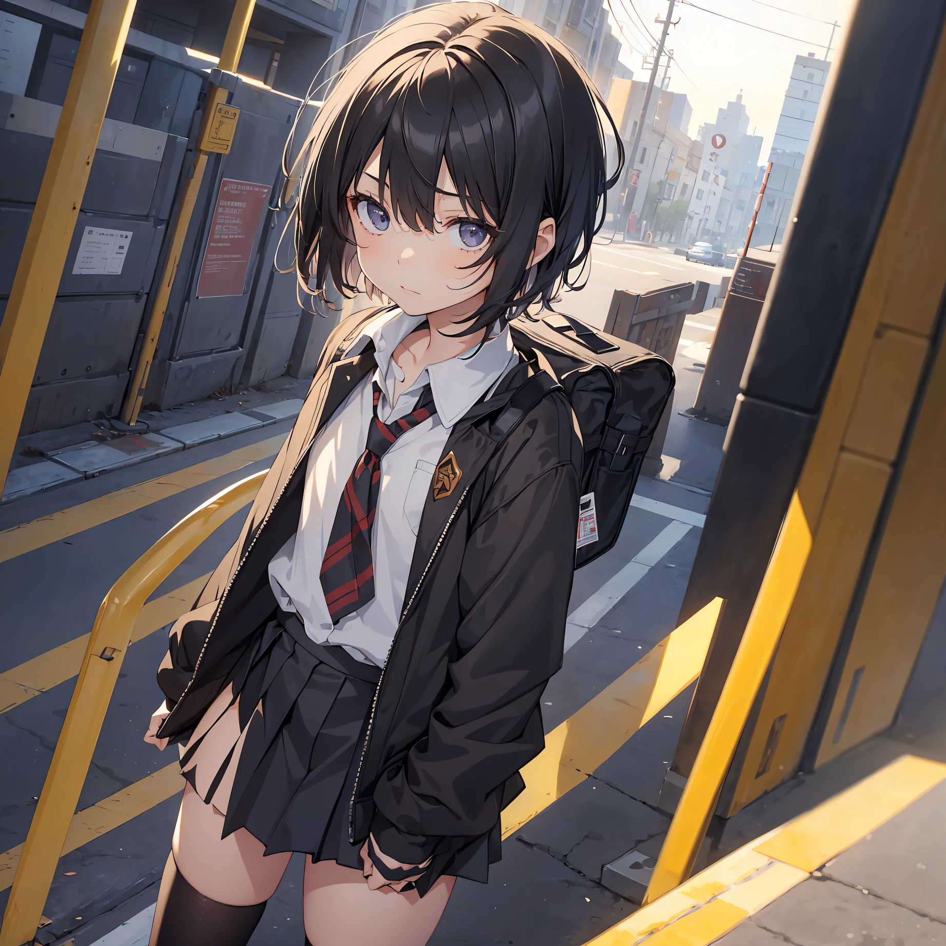 Portrait, Documentary, Photo, A girl is 13-year-old gender-neutral middle school student with short black hair and small chest, walking on the school commute route with a tired expression, Short hair, School uniform, skirt, School commute route, High quality, Realistic, Eye-level shot, Medium shot, Front view, Natural lighting, School commute,break,1girl, (Solo,Loli face,13-year-old:1.5),a junior high school student, androgynous charm, (Very Short hair), flat chest, Small butt, Beautiful detailed black eyes, disgusted eye,break,((top quality,anime style, ultra-detailed,high resolution,extremely detailed CG,unity 8k wallpaper,by famous artist,perfect anatomy,super detailed skin,cinematic lighting)),