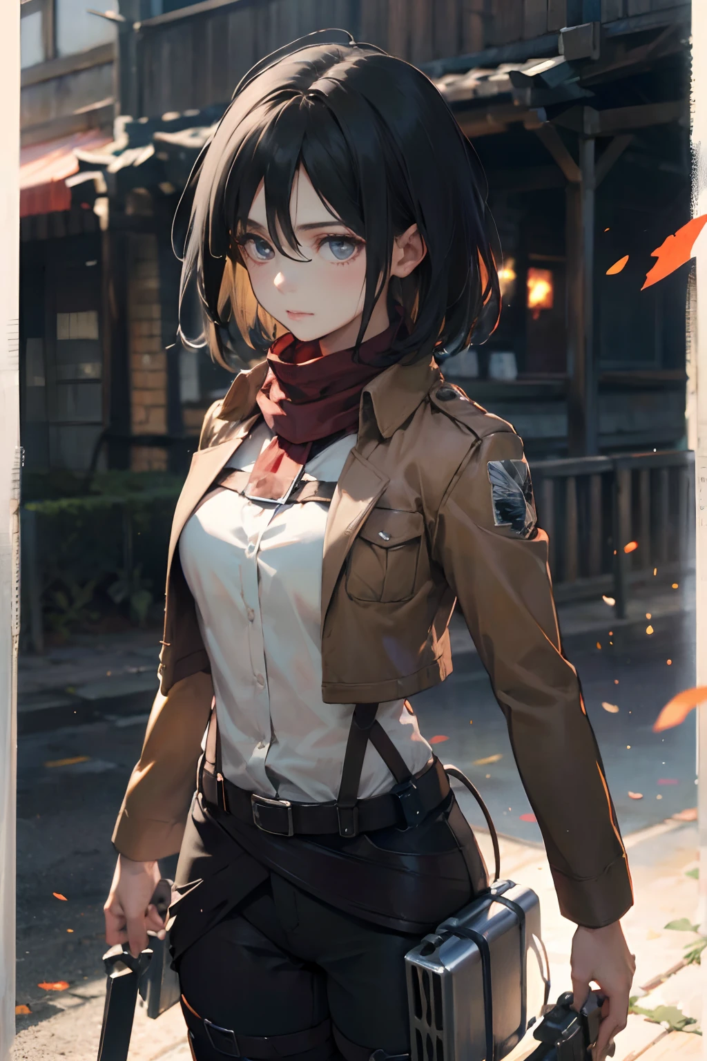 a 20 yo woman、Black-haired head hair、Bery short hair、dark themed、Muted Tones、Subdued Color、highly contrast、(natural skin textures、Hyper-Realism、Soft light、sharp)、aot style、Attack on Titan、Mikasa Ackerman、女の子1人、Three-dimensional maneuver gear、arm strap、bangss、A dark-haired、Black pants、breastsout、cowboy shot、embers、verd s eyes、greybackground、Background of burnt fields、hairs between eyes、Harnes、long-sleeve、looking at viewert、middlebreasts、Underpants、red scarf、scarf、The shirt、short-hair、fumo、独奏、Thigh strap、Brown jacket、white shirt、survey team\(emblem\)、((masterpiece))、top-quality、battle posture, Skysky,