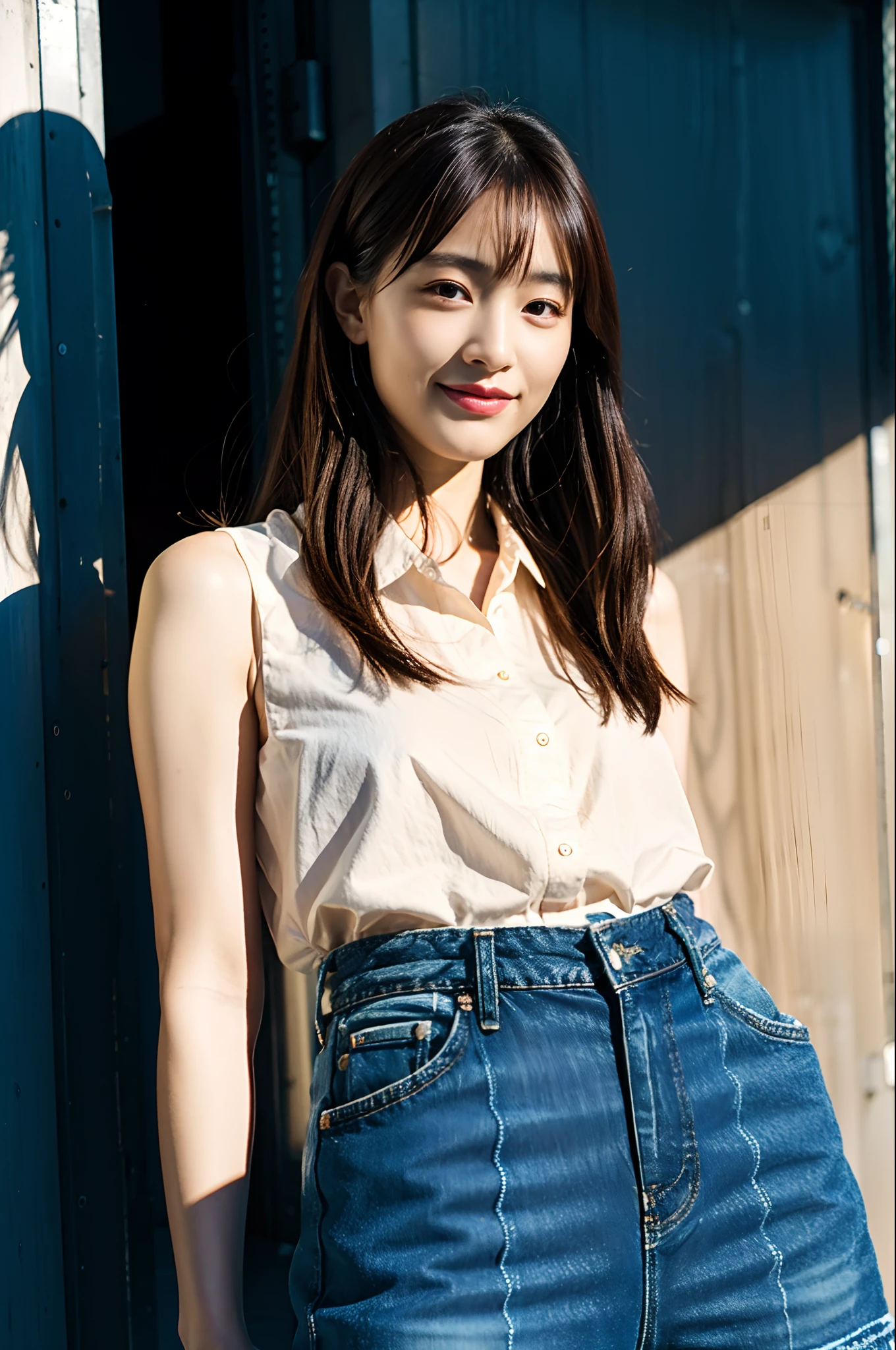 (the Extremely Detailed CG Unity 8K Wallpapers), (masutepiece), (Best Quality), (Ultra-detailed), (Best Illustration), (Best Shadow), 超A high resolution, (Photorealistic:1.4), one girls, (Denim shirt、denim pant)、鎖骨, ,small tits, Small ,  (light brown hair、highlights hair), Looking at Viewer, lightsmile, Slimed、A slender、Model body type