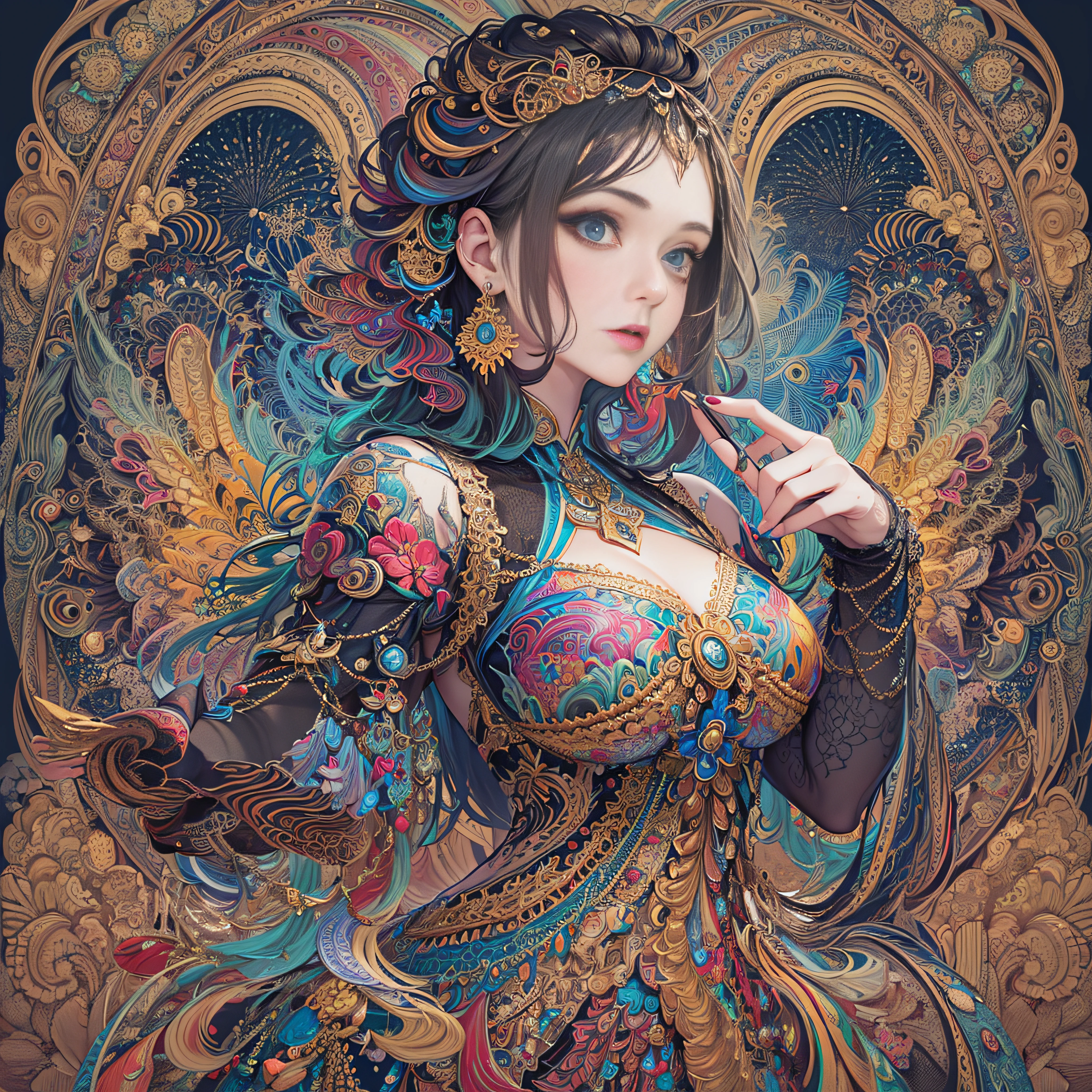 (masutepiece, of the highest quality, Best Quality, Official art, Beautiful and aesthetic:1.2), (1girl in:1.3), Extremely detailed,(Fractal Art:1.2),Colorful,highest details,(Zentangle:1.2), (Dynamic Pose), (Abstract background:1.5), (Congressional Dresses:1.2), (Shiny skin), (Many colors:1.4), Upper body, Thin gauze, Off-the-shoulder, blooming flower field, Glowing skin, lightsmile, Camel toe, Sexy, Bust, nakeness,From below,Ass Up wAIT