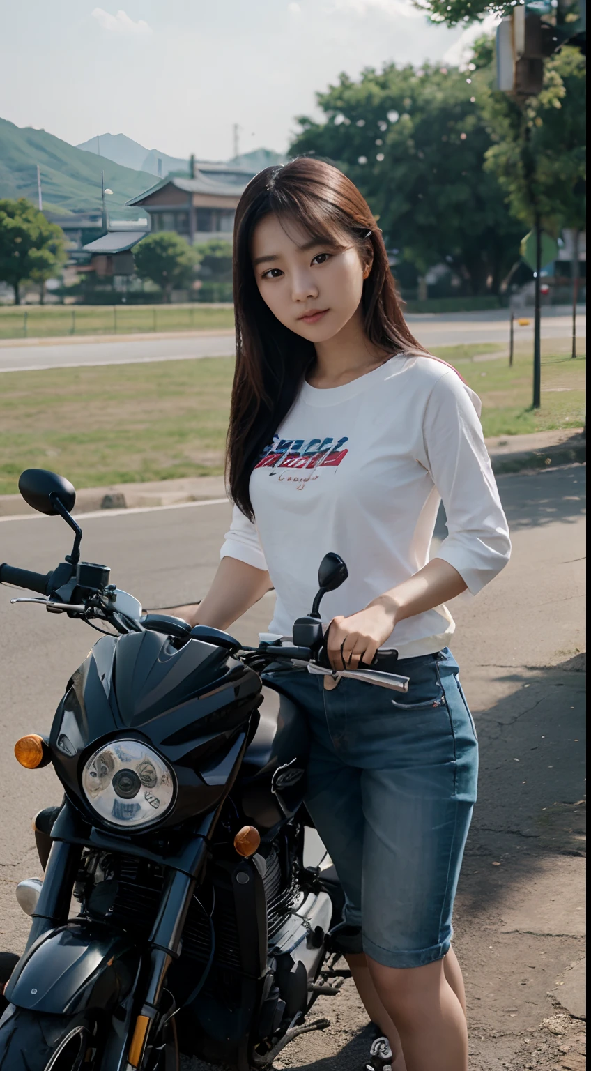 beautiful Korean girl and motorbike, free to pose, 16k resolution, super cute face looking at the camera, surreal image,