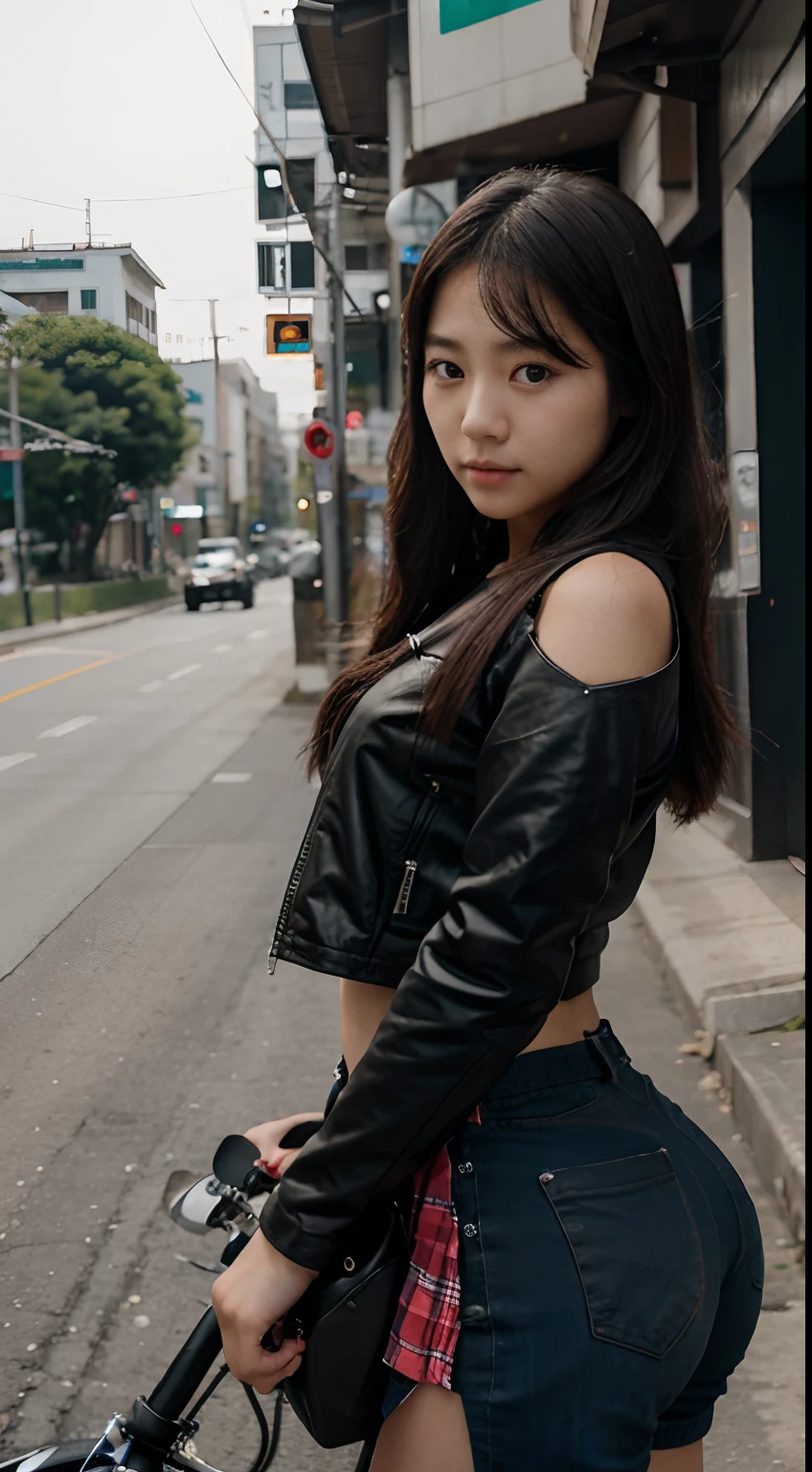 beautiful Korean girl and motorbike, free to pose, 16k resolution, super cute face looking at the camera, surreal image,