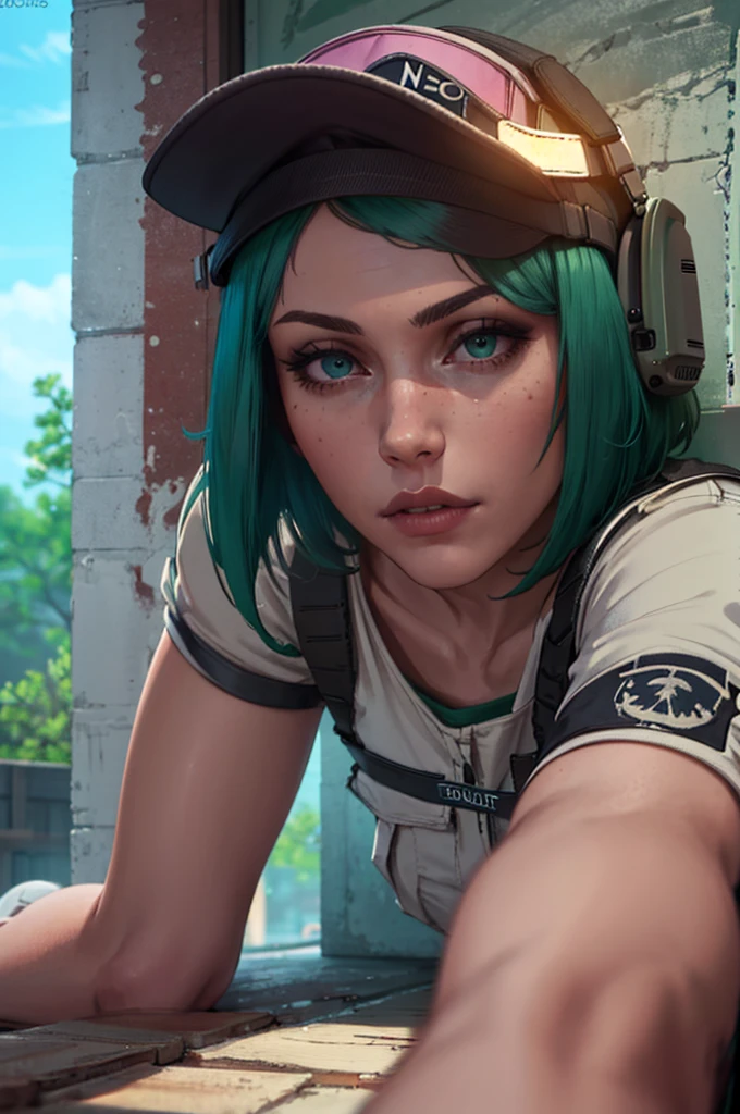 1girl, piledriver doggystyle, top-down bottom-up,, masterpiece, best quality, highly detailed, ela_(rainbow_six_siege), masterpiece, best quality, 1girl, solo, green hair, realistic, short hair, (insanely detailed, beautiful detailed face, beautiful detailed eyes, masterpiece, best quality)