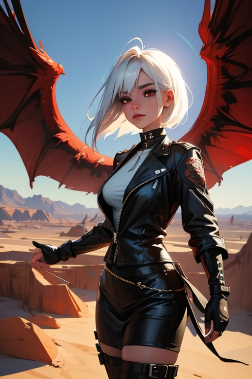 (best quality,4k,8k,High resolution,Masterpiece:1.2),Ultra-detailed,white-haired girl with phoenix wings and punk-style leather clothing, red eyes, fiery desert, 2 moons