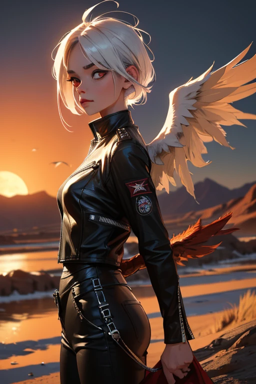 (best quality,4k,8k,High resolution,Masterpiece:1.2),Ultra-detailed,white-haired girl with phoenix wings and punk-style leather clothing, red eyes, fiery desert, 2 moons