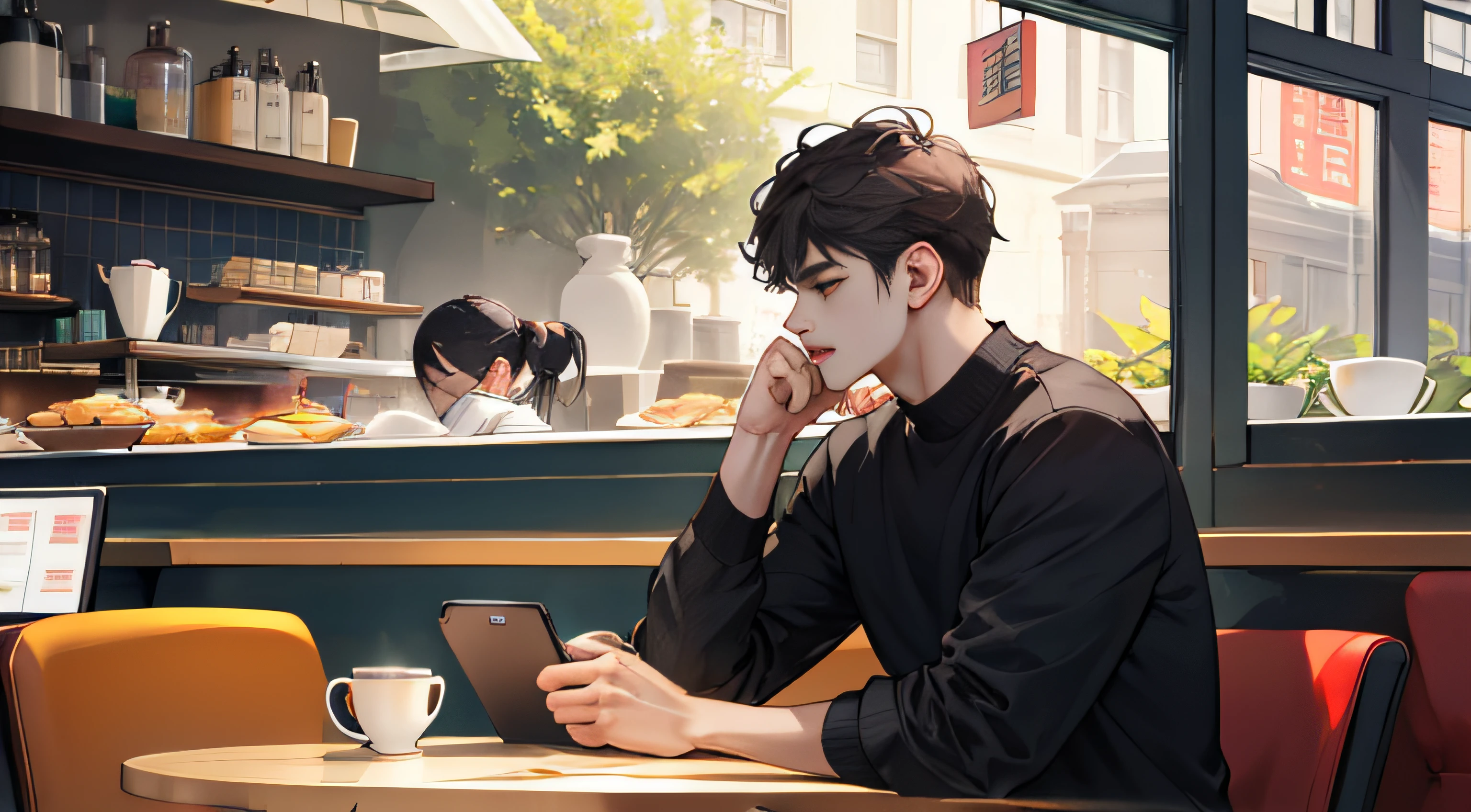 Sunny afternoon,Xiao Li in a café and chatted,A boy replied with a boring,A boy frowned in confusion,Look at the wallet in your hand。