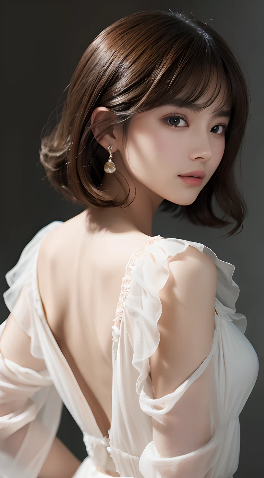 ((top-quality、8K、masterpiece:1.3))、1人、Beautiful woman with slender abs:1.3、(Medium short hair、爆乳:1.2)、Lace Shirt:1.1、hyperdetailed face、A detailed eye、Double eyelid hands on face