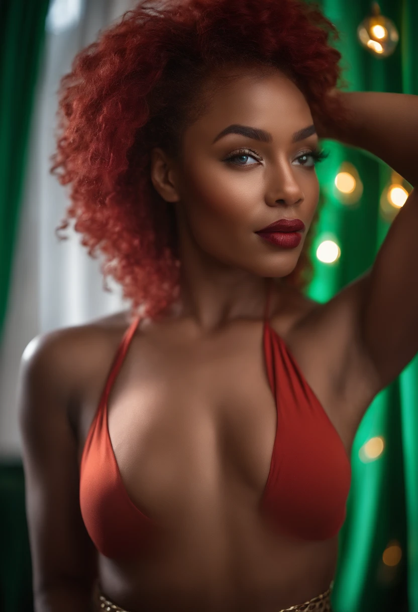 beautiful black and irish woman, instagram model, young 27 years old, caramel skin, sexy clothing , vibrant red hair, blue and green eyes, gorgeous facial features, feminine features, sensual wearing lingerie , vibrant red body wave hair, radiant skin, soft lighting, diffused glow, most realistic, real quality, nikon d850, 85mm lens, high resolution
