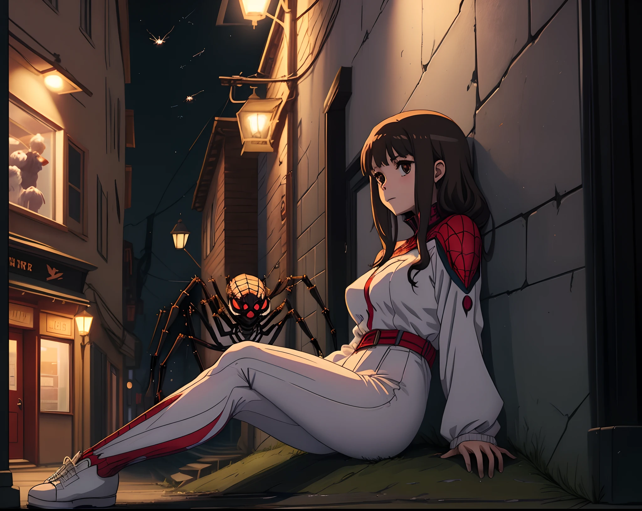 Chick, young, spider, with spiders surrounding her, a white outfit, Huge pet spider behind her, anime, night, sitting on a wall, watching over town,