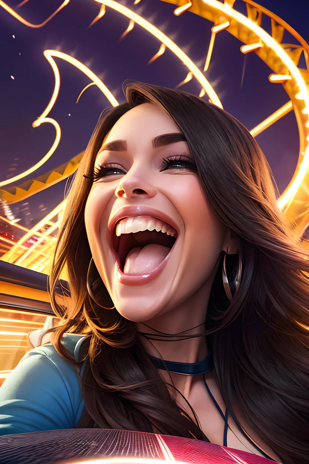 araffe rides a roller coaster at night in a city, a portrait by Niko Henrichon, featured on instagram, happening, crazy racer spinning, insane smile, roller coasters, she is smiling and excited, spinning whirlwind, pov shot, rollercoaster, roller coaster, Staring Sofia Vergara Screaming, so happy that her face hurts, fireball lighting her face