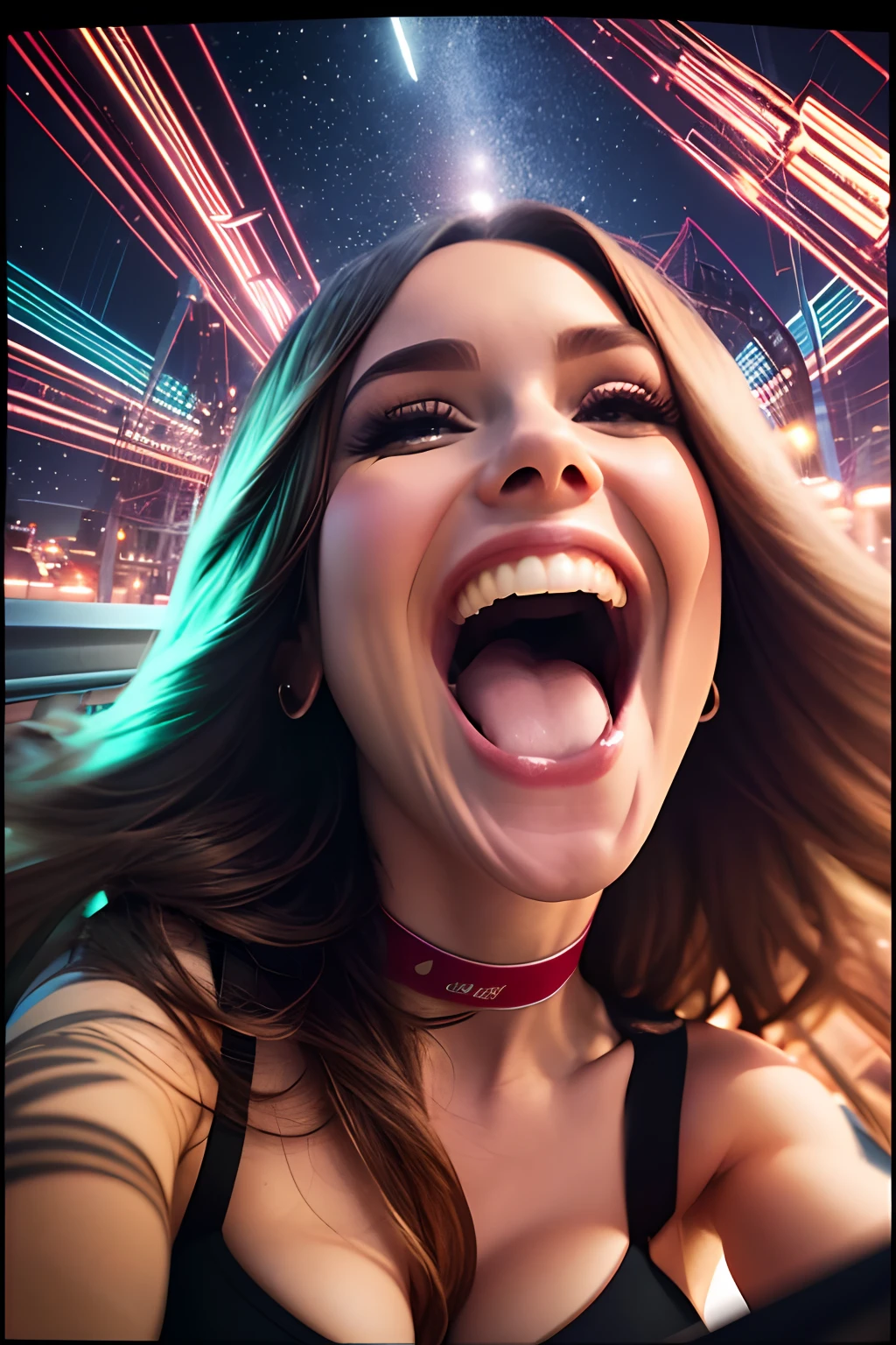 araffe rides a roller coaster at night in a city, a portrait by Niko Henrichon, featured on instagram, happening, crazy racer spinning, insane smile, roller coasters, she is smiling and excited, spinning whirlwind, pov shot, rollercoaster, roller coaster, Staring Sofia Vergara Screaming, so happy that her face hurts, fireball lighting her face