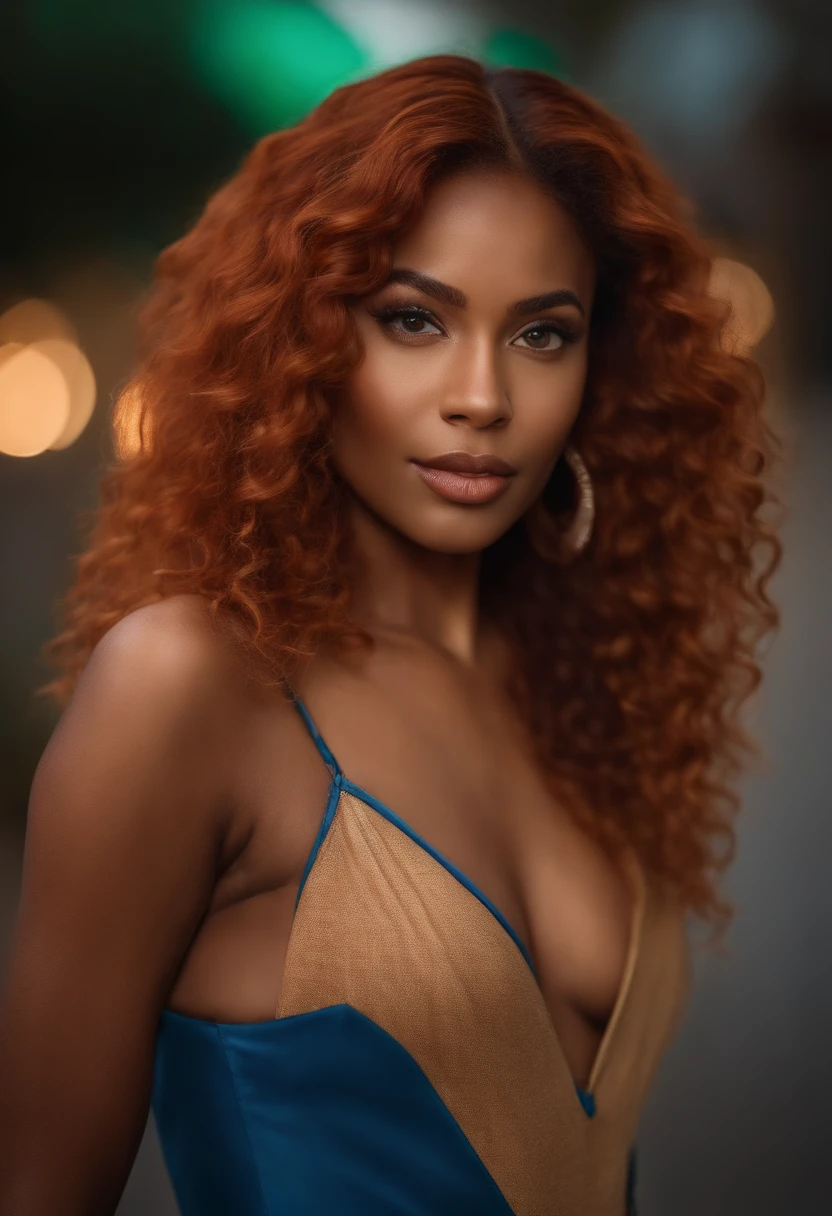 beautiful black and irish woman, instagram model, young 27 years old, caramel skin, lingerie , vibrant red hair, blue and green eyes, gorgeous facial features, feminine features, vibrant red body wave hair,  radiant skin, soft lighting, diffused glow, most realistic, real quality, nikon d850, 85mm lens, high resolution