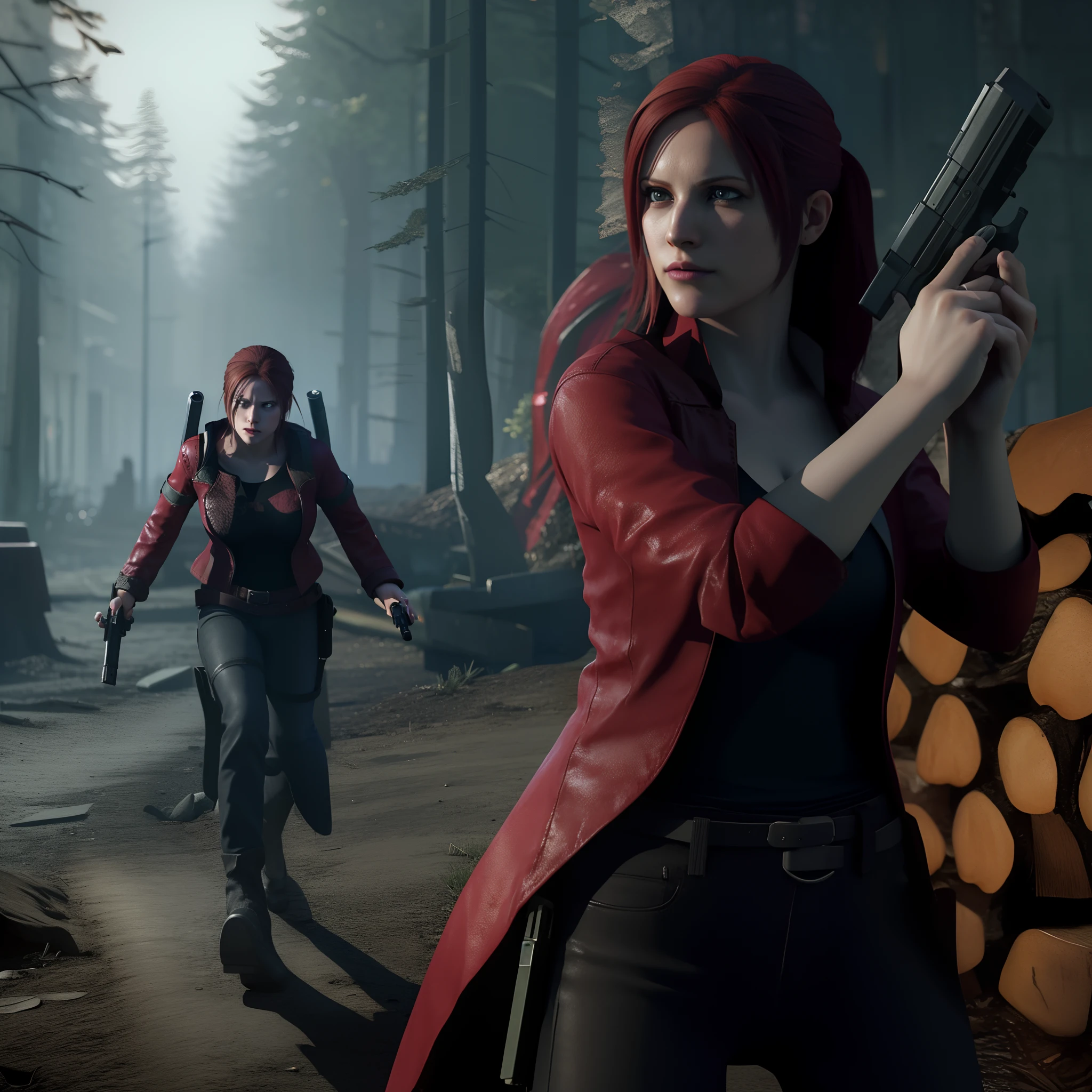 4K, HD, ((Claire Redfield 40 years old)), beautiful face, very long red hair, perfect Face, black jeans, red long coat with black t-shirt, red nail polish, friendly face, Glare, holding a gun