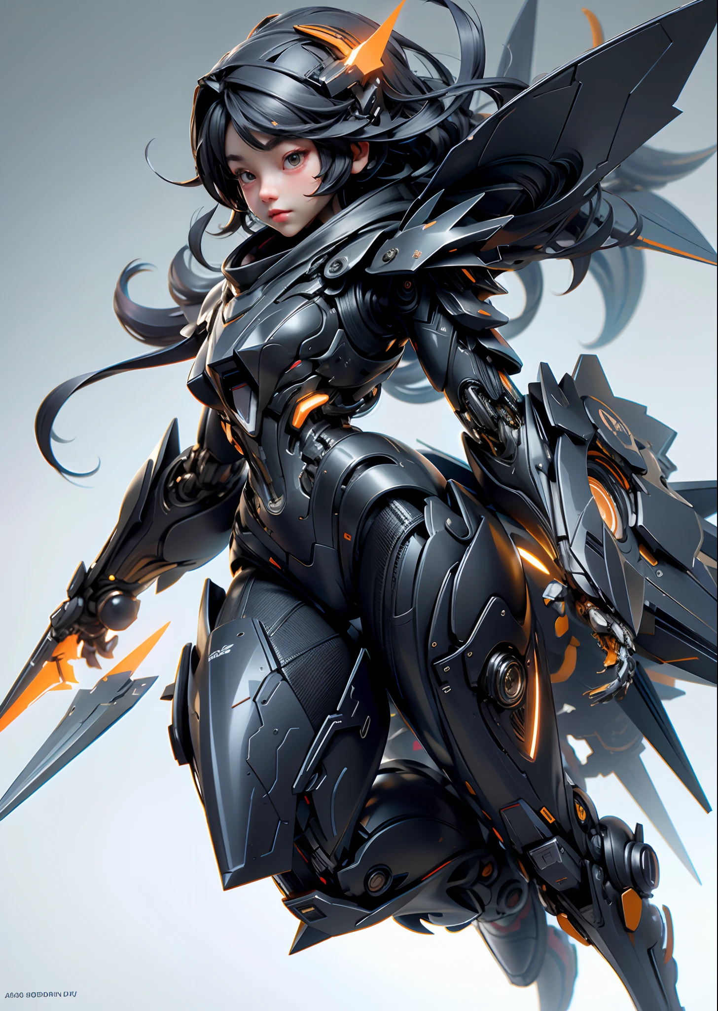 Girl wearing a fluorescent orange mechanical suit in black, Cute, 3D Rendering, Small robot, full body, Cute 3D Anime Rendering, cute detailed digital art, 3D rendering stylized, 3D rendered character art 8k, super detailed render, Show your weapon, Perfect litthing、high-detail、high-level image quality、High color rendering、hight resolution、A hyper-realistic、photo realistic