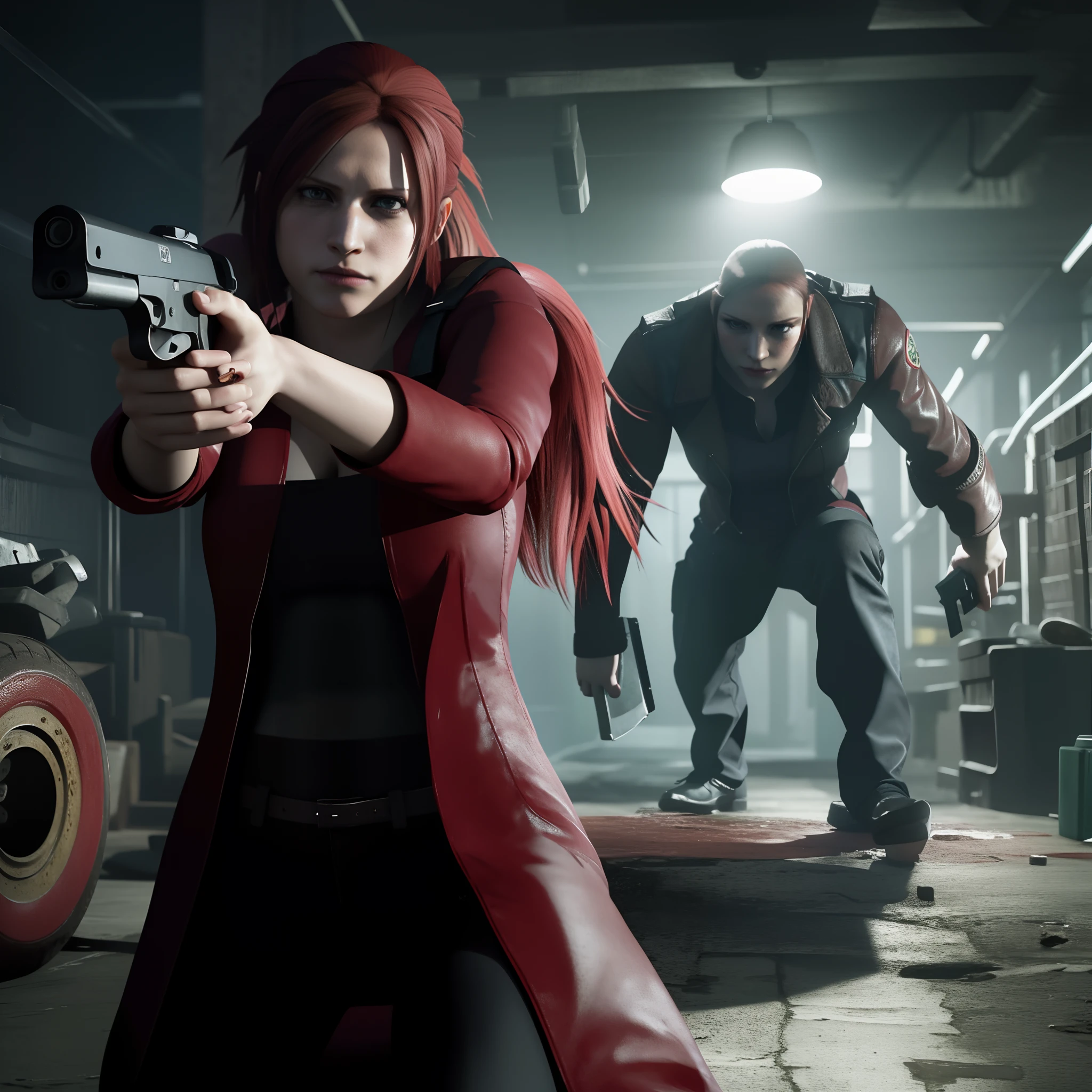 4K, HD, ((Claire Redfield 40 years old)), beautiful face, very long red hair, perfect Face, black jeans, red long coat with black t-shirt, red nail polish, Glare, holding a gun