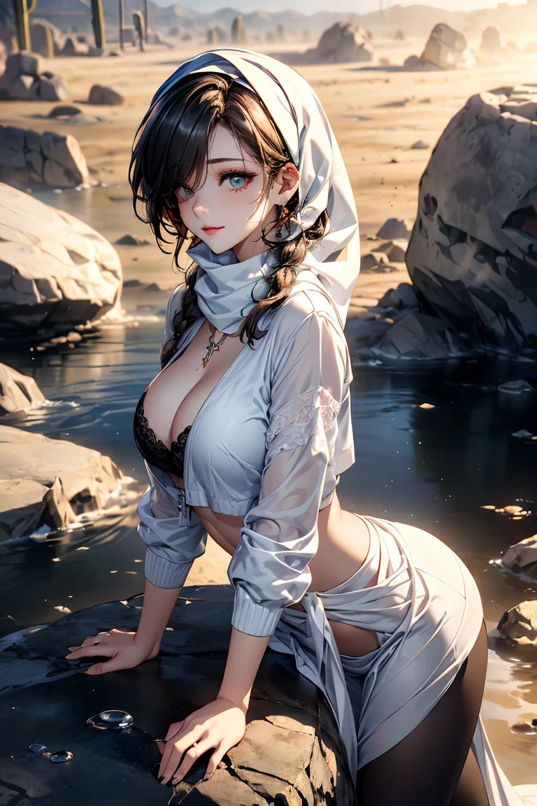 a matured woman with long black hair and a white outfit, (at a rock place in a desert:1.5), (resting in oasis:1.2, holding metal water bottles:1.3, sitting with spreading legs:1.5, Yoga posing, with cross-legged:1.3, Indian style, in front of Arabic ruins:1.2), Arabic, (Post apocalyptic:0.2), from arknights, artwork in the style of guweiz, bodyesbian, fine details. girls frontline, beautiful anime illustration, from girls frontline, by Yang J, stunning, 26 years old, (milf:1.3), (solo:1.5), (sfw:1.25), sagging breast, large breasts, big tits, thin waist, big ass, Raised sexy, (dark mahogany medium short hair, updo, hair over one eye, asymmetric hair, Carly hair, low tied braids),(musulman, white Headscarfs, hair bands, head vandage, Turban), (ultra high resolution, 8K RAW photo, photo realistics, thin outline:1.3, clear focus), best qualtiy, natural lighting, textile shading, blurry back ground, field depth, bokeh, (Bright pupils, fine detailed beautiful eyes, high detailed face), Red lip, looking away, (dynamic angle:1.2, front view:1.2, crotch focus:1.3, from above:1.1), dynamic posing, (sexy posing:1.2, leaning forward), seductive smiling, center image, (wearing white long jacket and clothes, wearing white robes, platinum ornaments, rolling white clothes around waist, camel-brown long leather boots:1.3, translucent lace pantyhose), ((correct anatomy:1.5)), ((outdoor:1.2, in a night:1.3)),