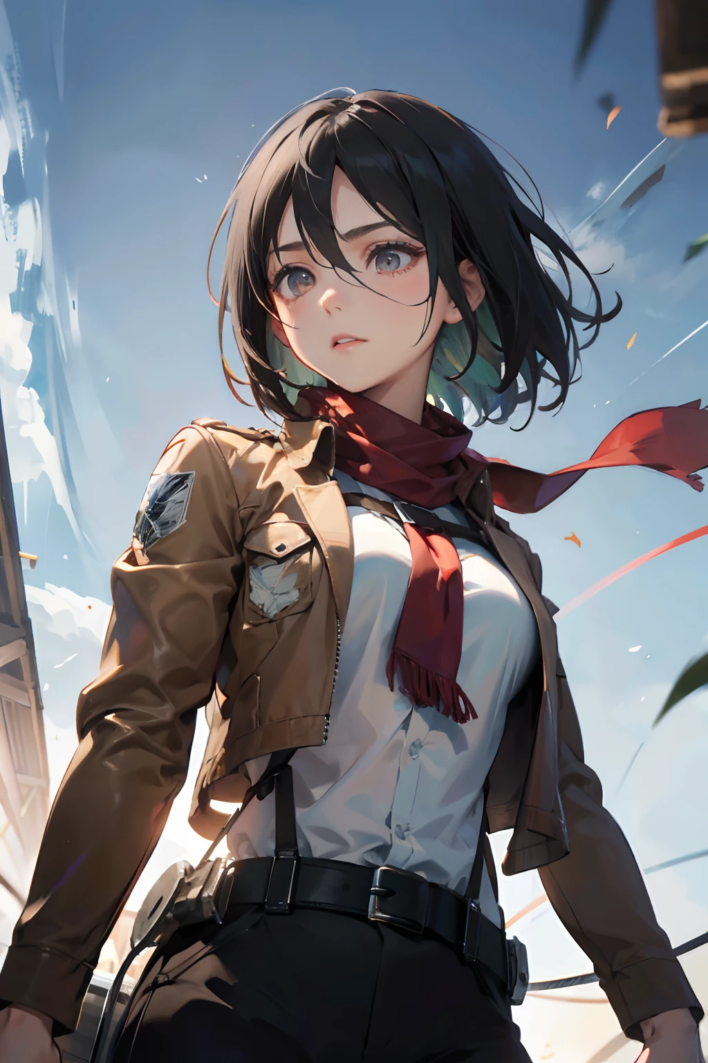 a 20 yo woman、Black-haired head hair、Bery short hair、dark themed、Muted Tones、Subdued Color、highly contrast、(natural skin textures、Hyper-Realism、Soft light、sharp)、aot style、Attack on Titan、Mikasa Ackerman、1人、Three-dimensional maneuver gear、arm strap、bangss、A dark-haired、Black pants、breastsout、cowboy shot、embers、verd s eyes、mid air、hairs between eyes、Harnes、long-sleeve、looking at viewert、middlebreasts、Underpants、red scarf、scarf、The shirt、short-hair、fumo、独奏、Thigh strap、Brown jacket、white shirt、survey team\(emblem\)、((masterpiece))、top-quality、battle posture, Skysky, mid air,