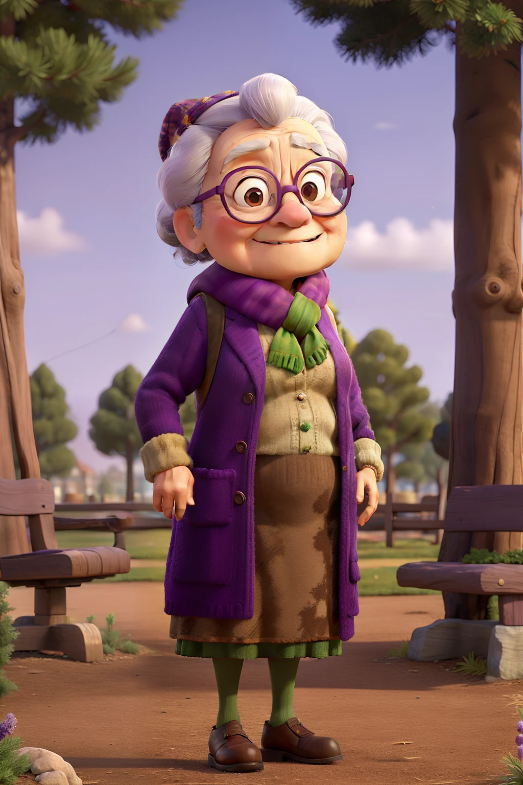 masterpiece, best quality, an old woman with glasses and a scarf on, wearing a purple coat and green scarf, standing at the park
